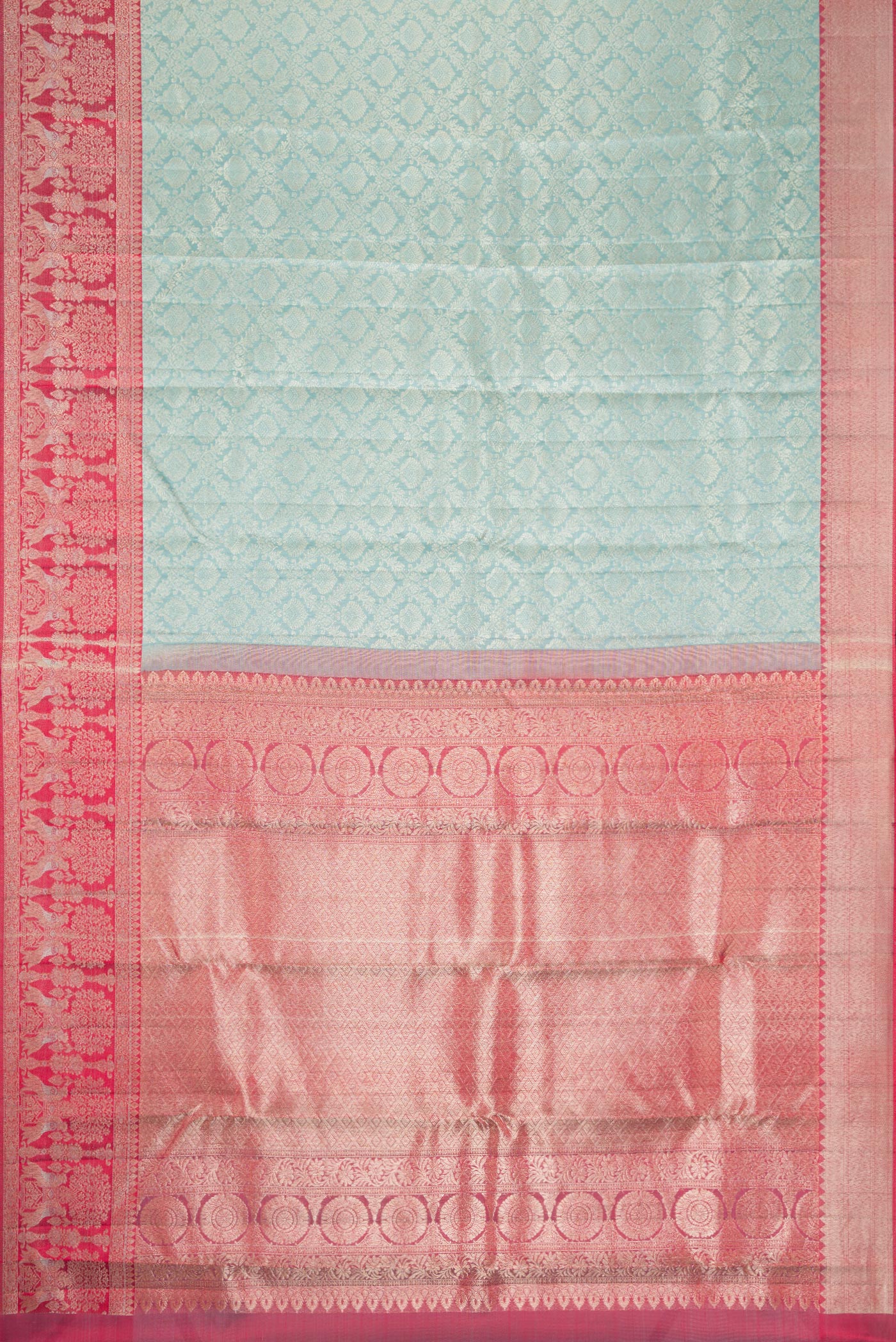 Flat view of Maya Blue Dual Tone Kanjivaram Silk Saree with Zari Brocade on the body and Fancy Border. 