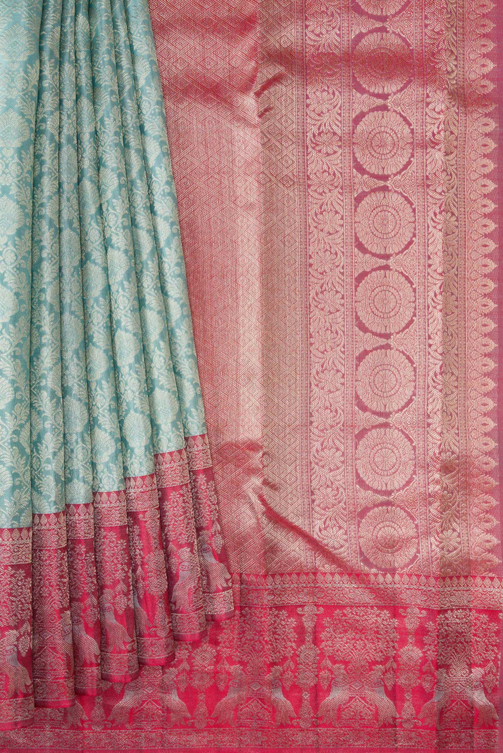 Pleats and pallu of Maya Blue Dual Tone Kanjivaram Silk Saree with Zari Brocade on the body and Fancy Border. 