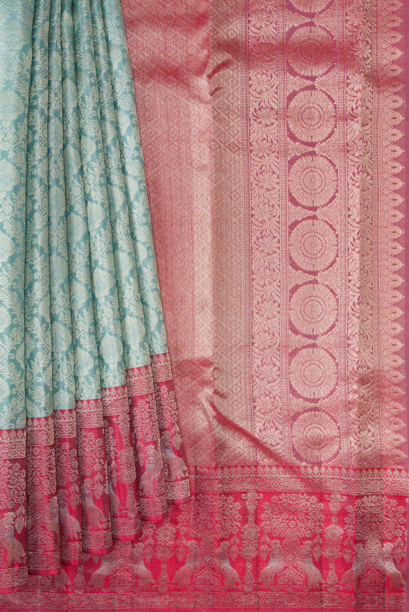 Pleats and pallu of Maya Blue Dual Tone Kanjivaram Silk Saree with Zari Brocade on the body and Fancy Border. 
