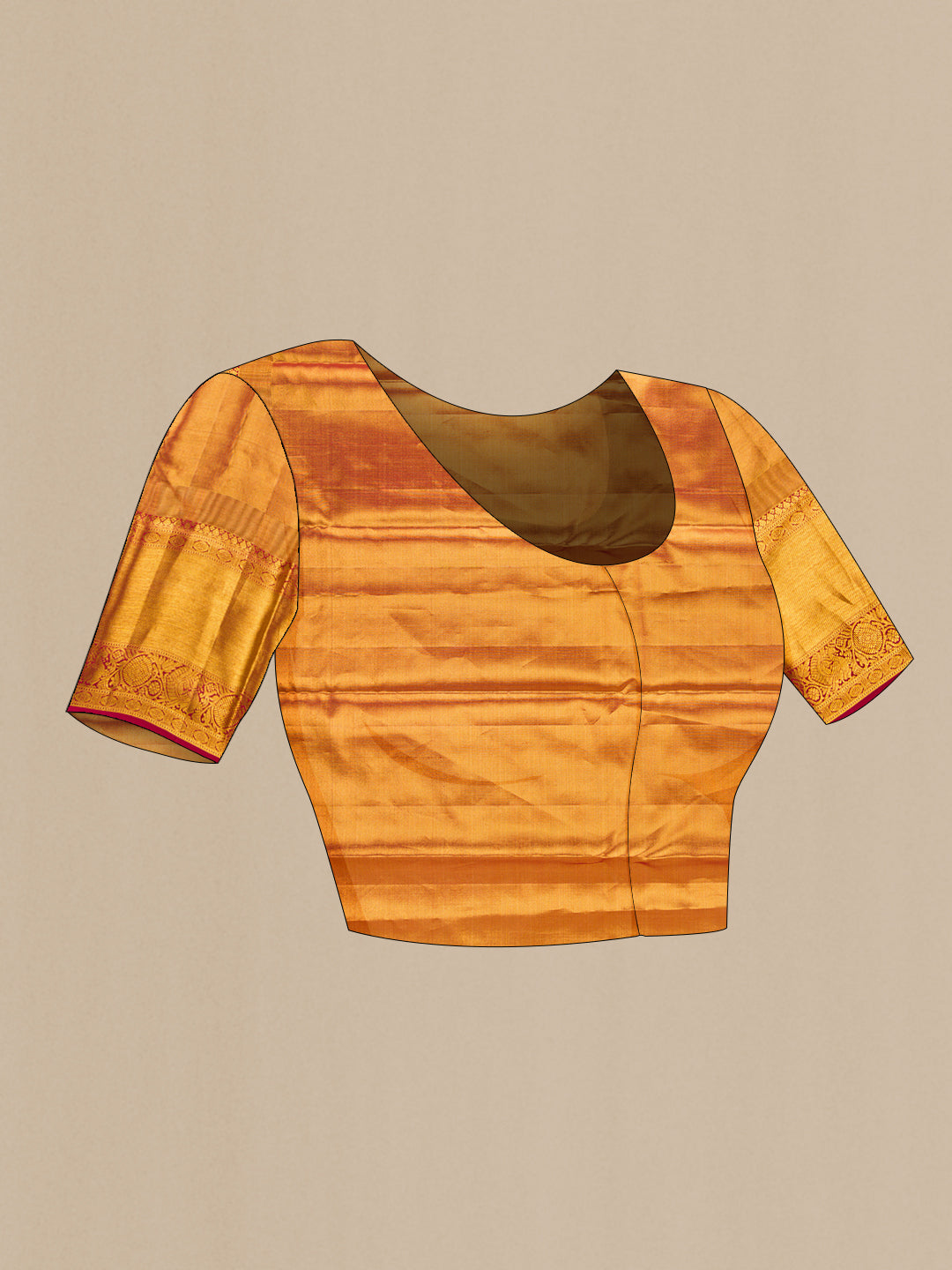 Close up image of the blouse of Gold Dual Tone Kanjivaram Tissue Silk Saree with Zari Brocade on the body and Zari Border. 