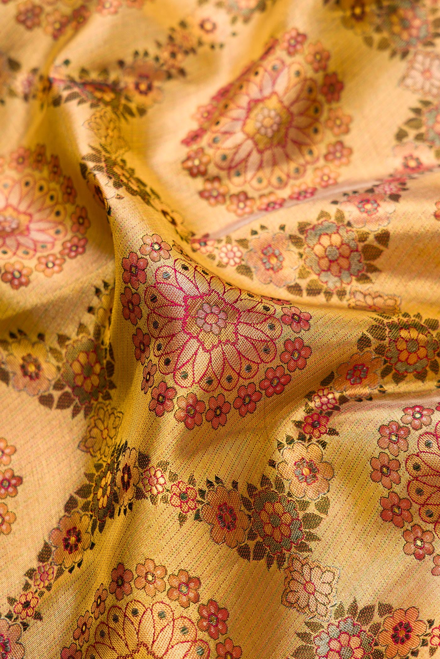 Close up of Gold Dual Tone Kanjivaram Tissue Silk Saree with Zari Brocade on the body and Zari Border.  displaying folds