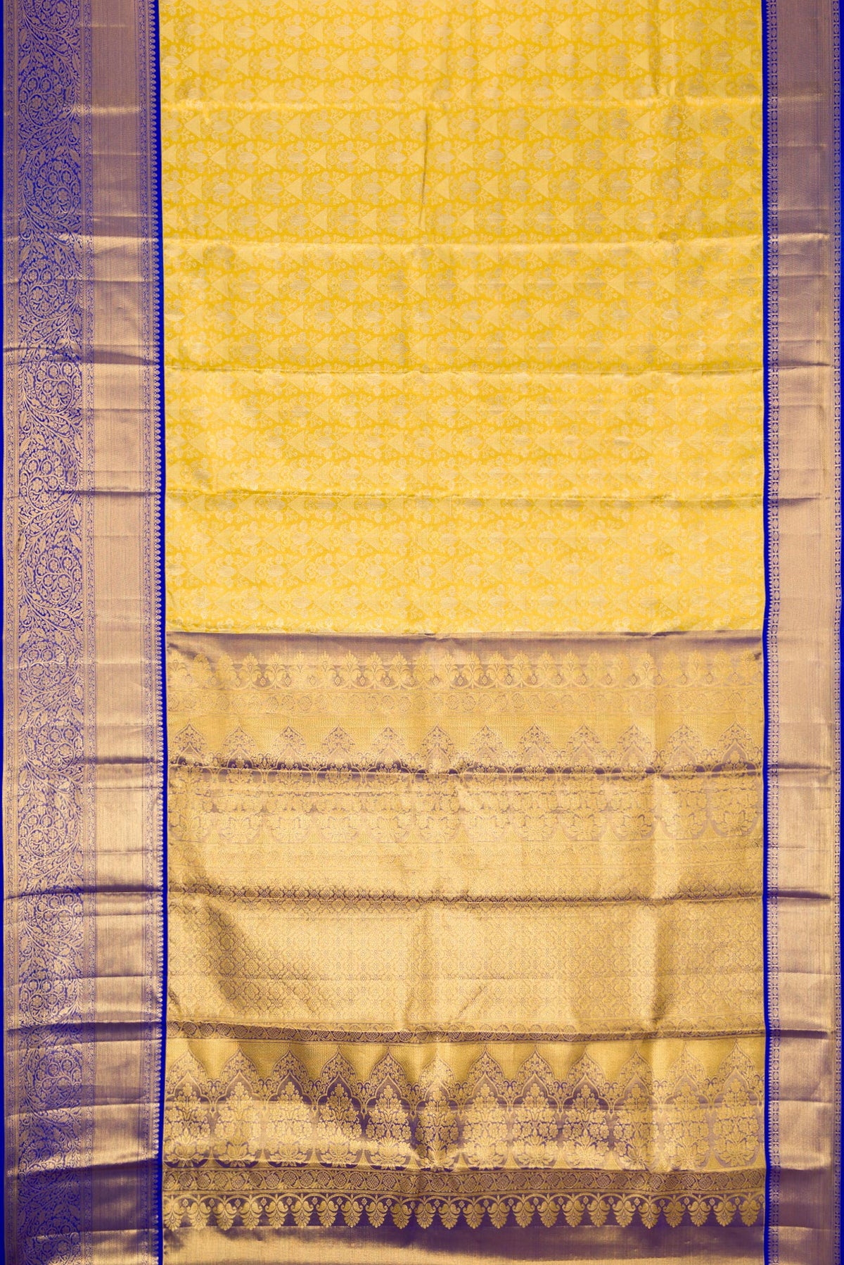 Flat view of Gold Dual Tone Kanjivaram Tissue Silk Saree with Zari Brocade on the body and Zari Border. 