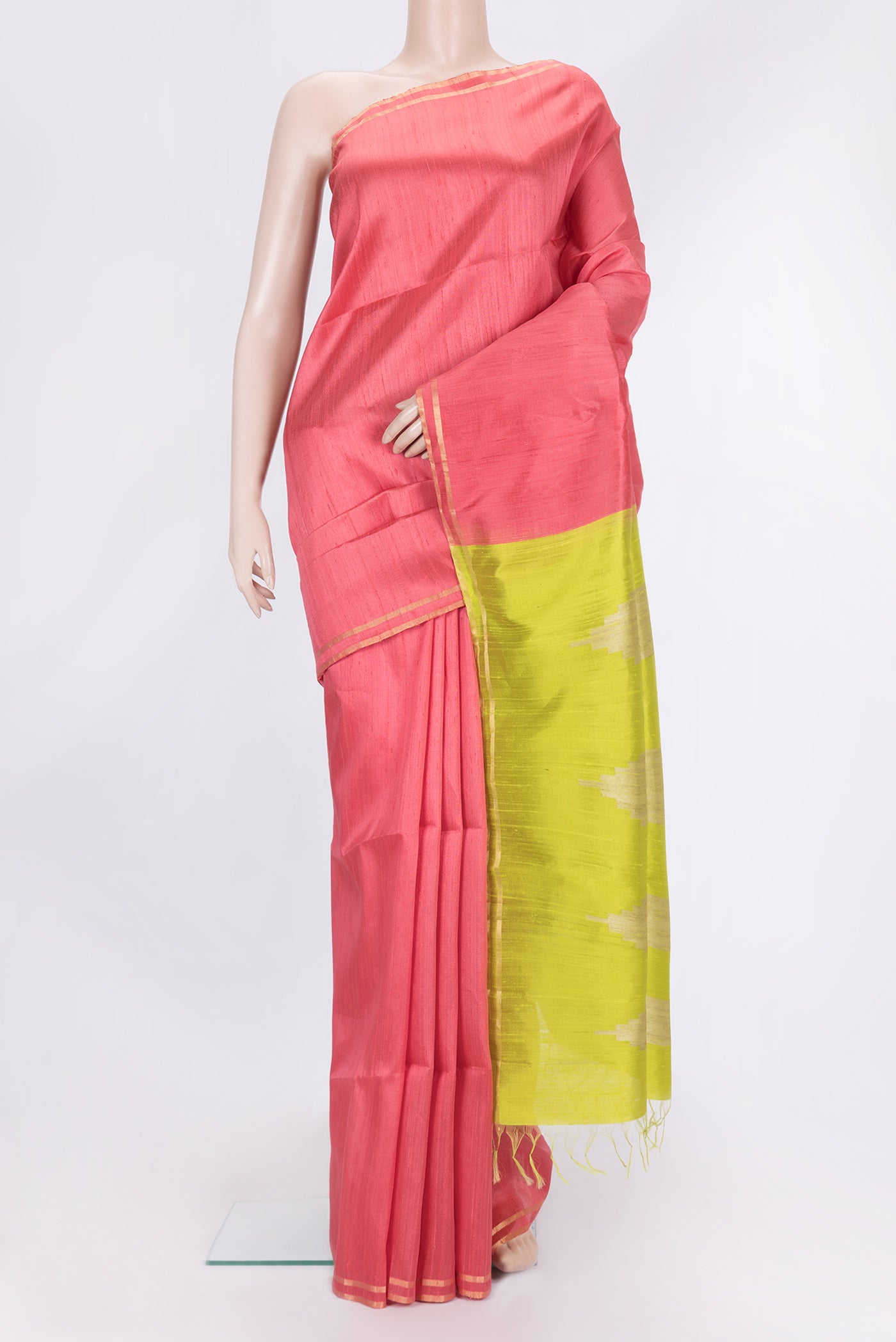 Pink Dual Tone Raw Silk Saree with Plain Body and Zari Border.  displayed on a mannequin
