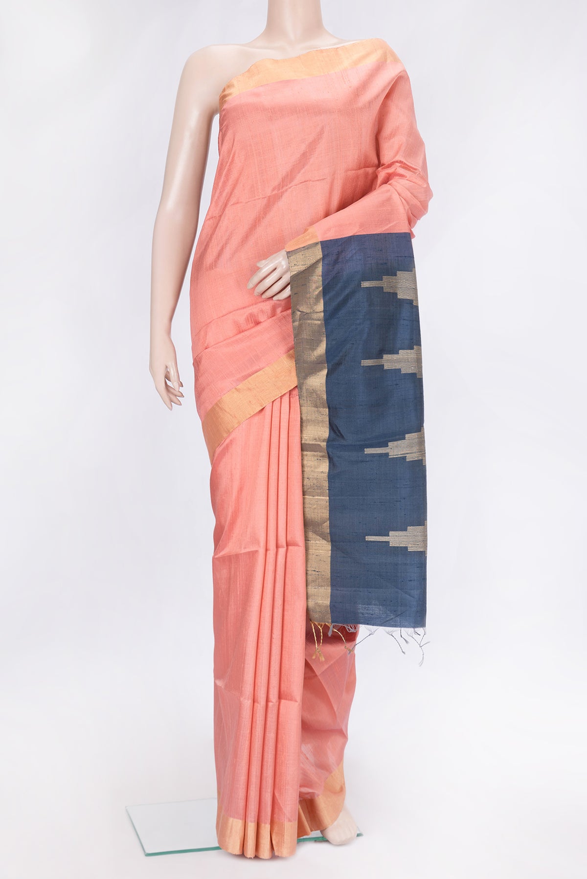 Golden Peach Dual Tone Raw Silk Saree with Plain Body and Zari Border.  displayed on a mannequin