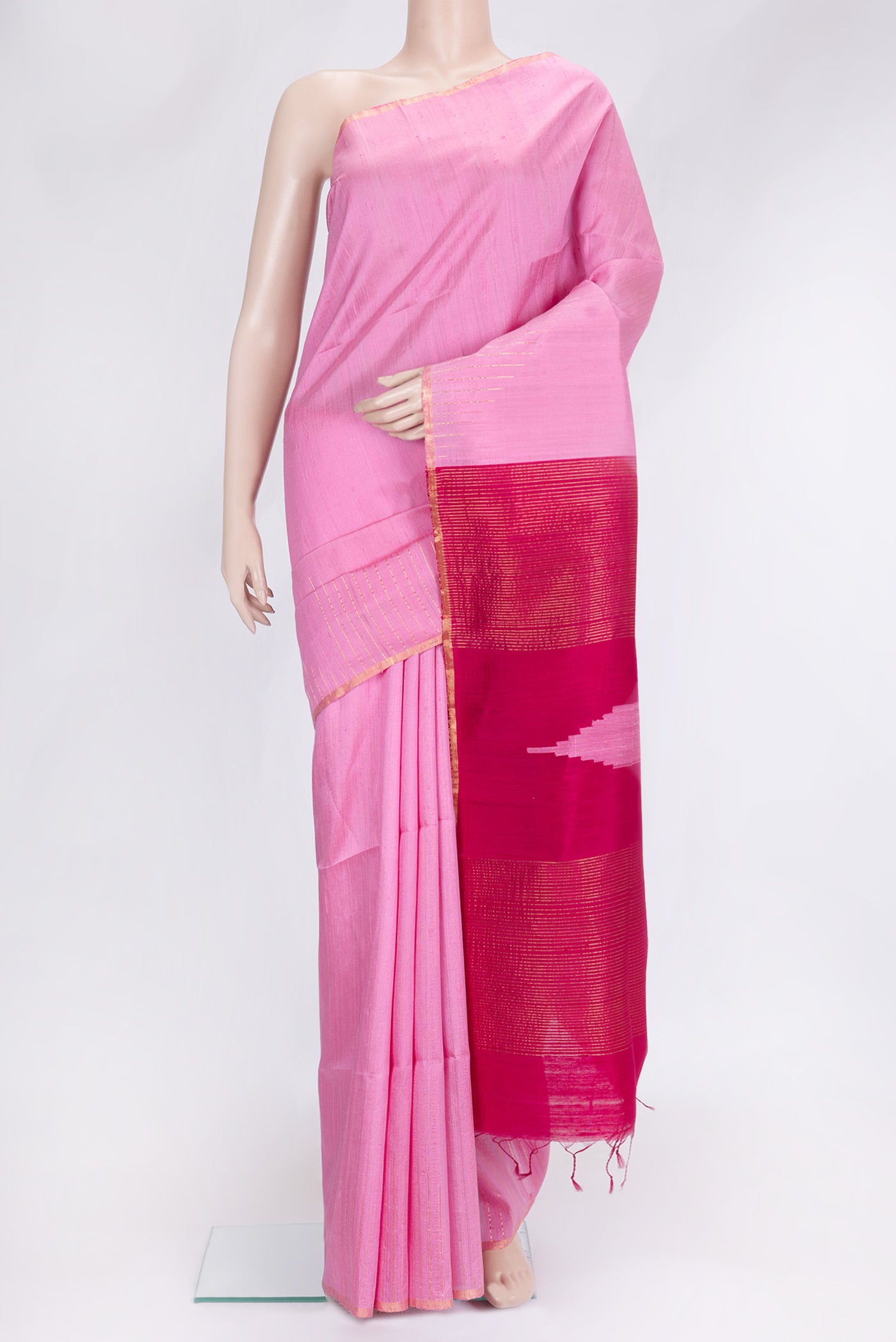 Pink Dual Tone Raw Silk Saree with Plain Body and Fancy Border.  displayed on a mannequin