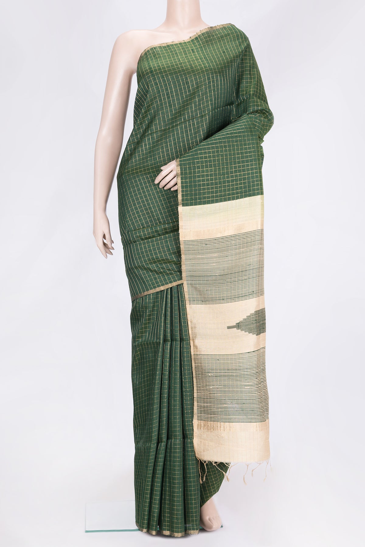 Bottle Green Dual Tone Raw Silk Saree with Checked design on the body and Zari Border.  displayed on a mannequin