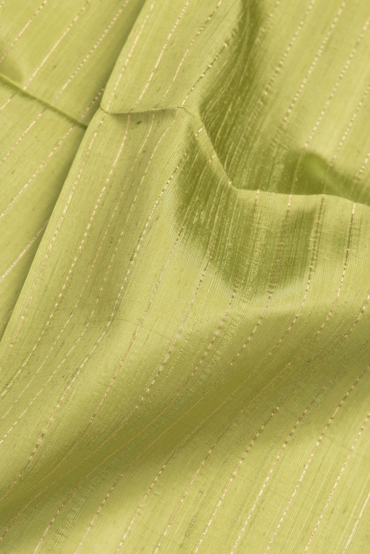 Close up of Pista Green Dual Tone Raw Silk Saree with Stripes on the body and Temple Border.  displaying folds