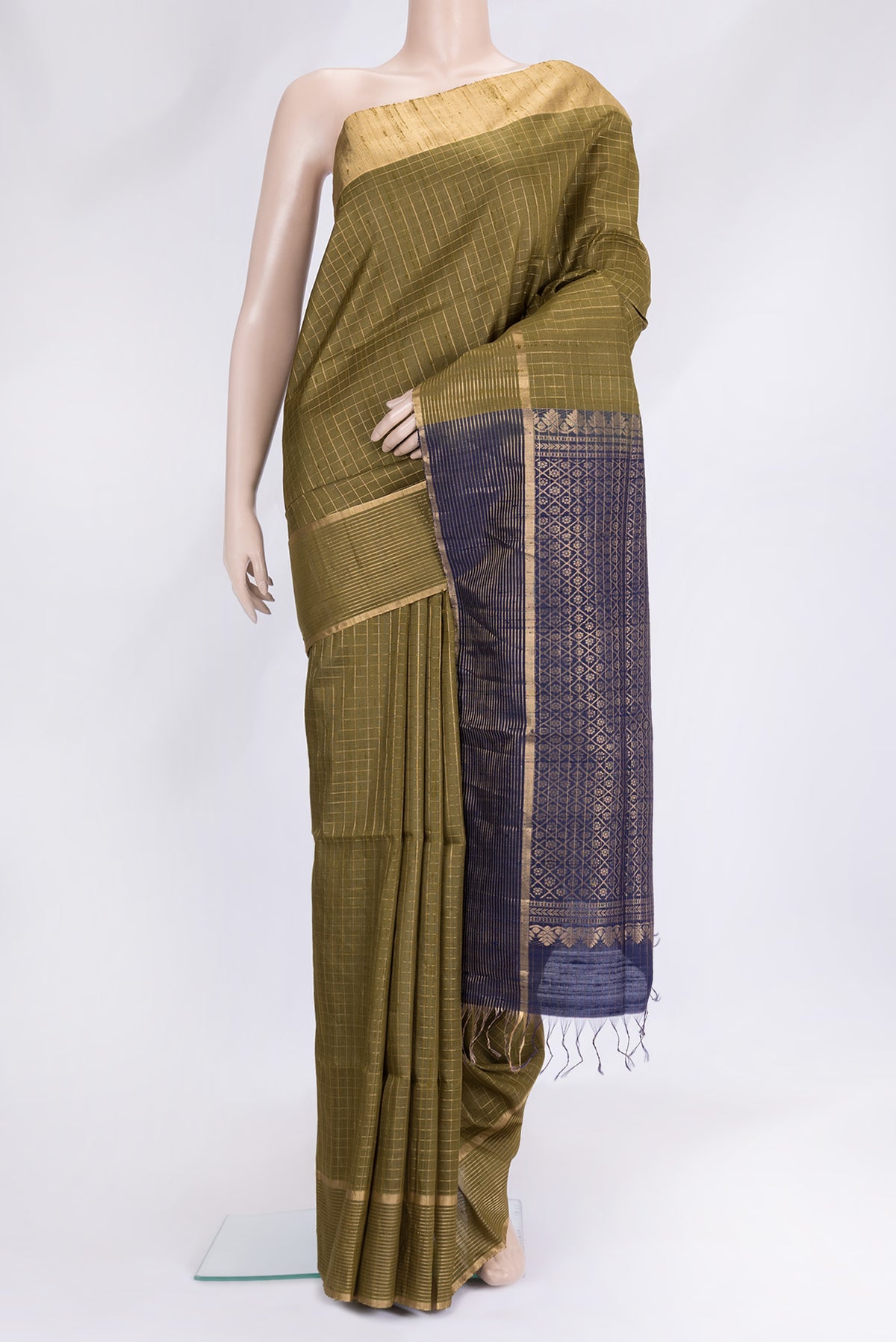 Mehandi Green Dual Tone Raw Silk Saree with Checked design on the body and Zari Border.  displayed on a mannequin