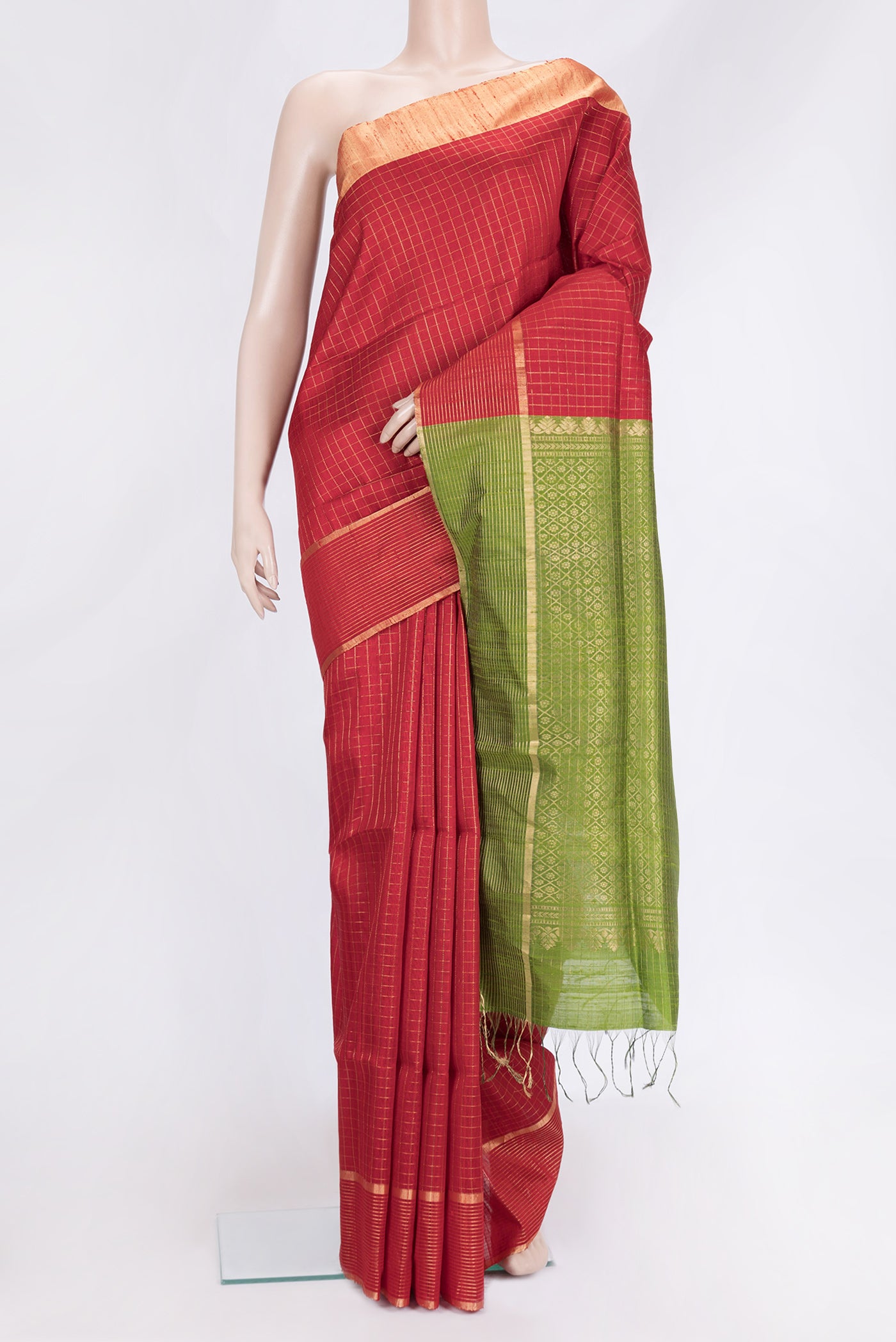Red Dual Tone Raw Silk Saree with Checked design on the body and Zari Border.  displayed on a mannequin