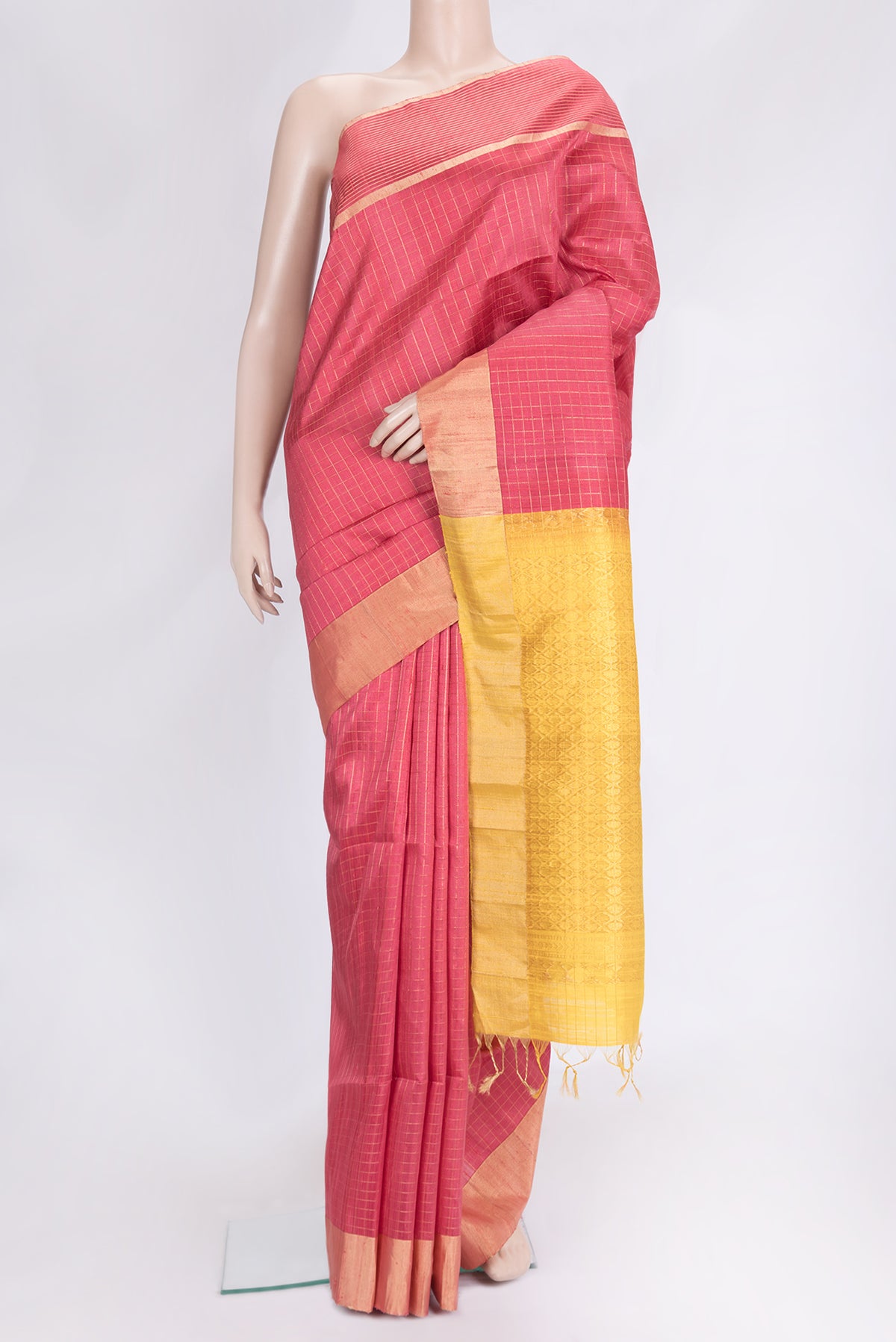 Pink Dual Tone Raw Silk Saree with Checked design on the body and Zari Border.  displayed on a mannequin