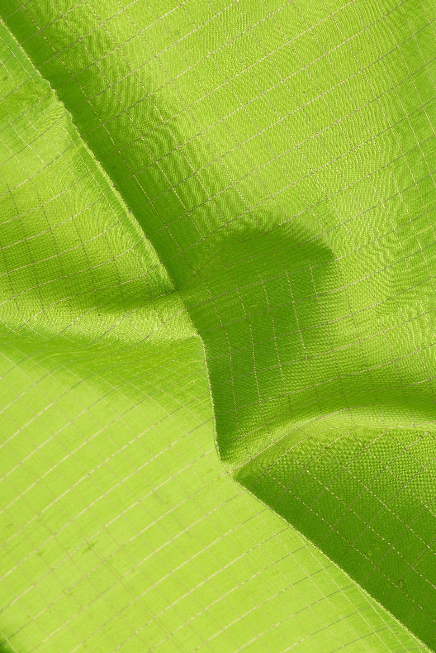 Close up of Pista Green Dual Tone Raw Silk Saree with Checked design on the body and Zari Border.  displaying folds