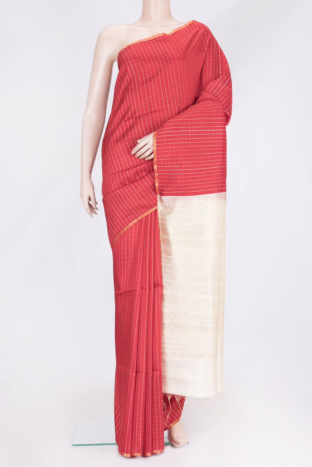Red Dual Tone Raw Silk Saree with Checked design on the body and Zari Border.  displayed on a mannequin