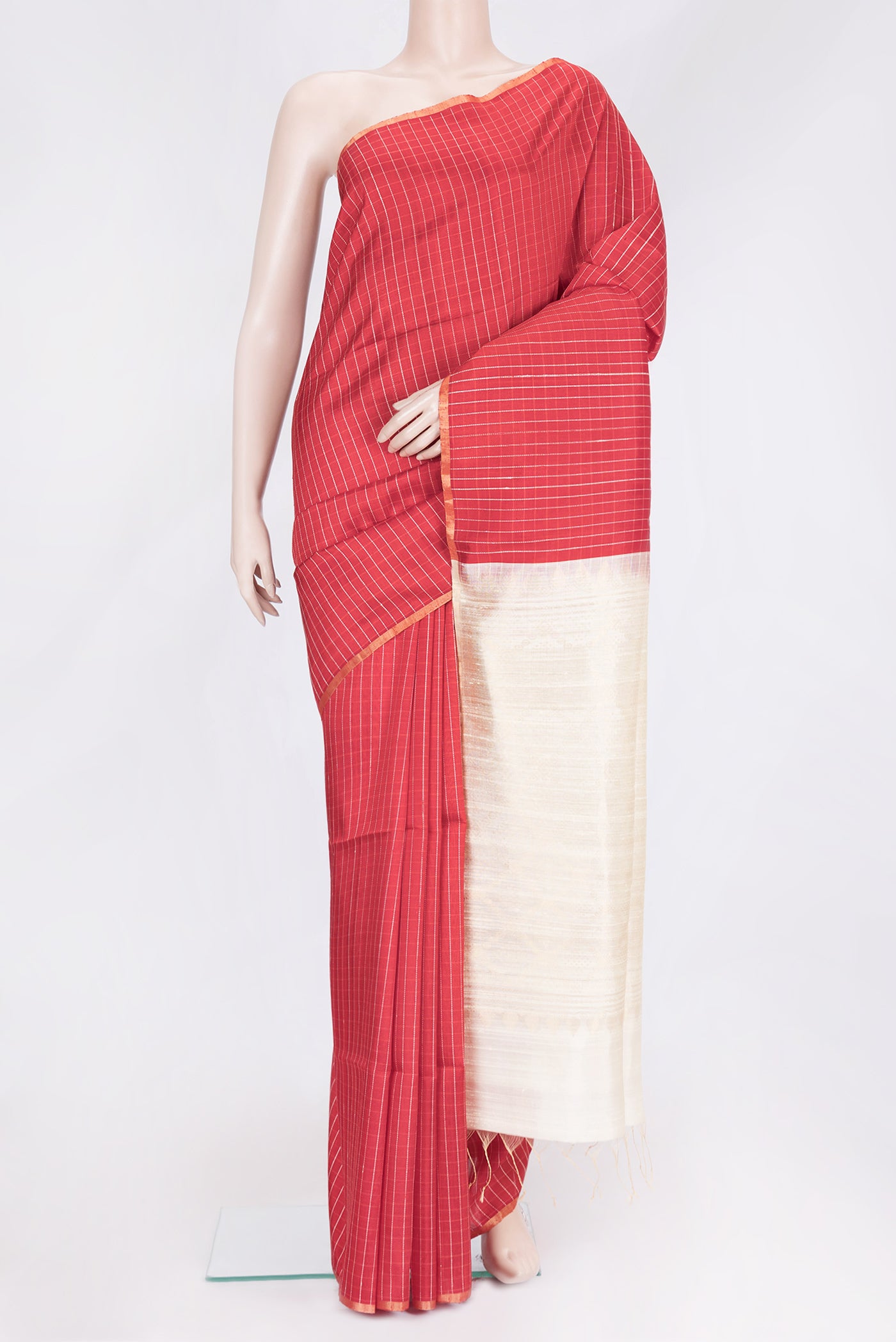 Red Dual Tone Raw Silk Saree with Checked design on the body and Zari Border.  displayed on a mannequin