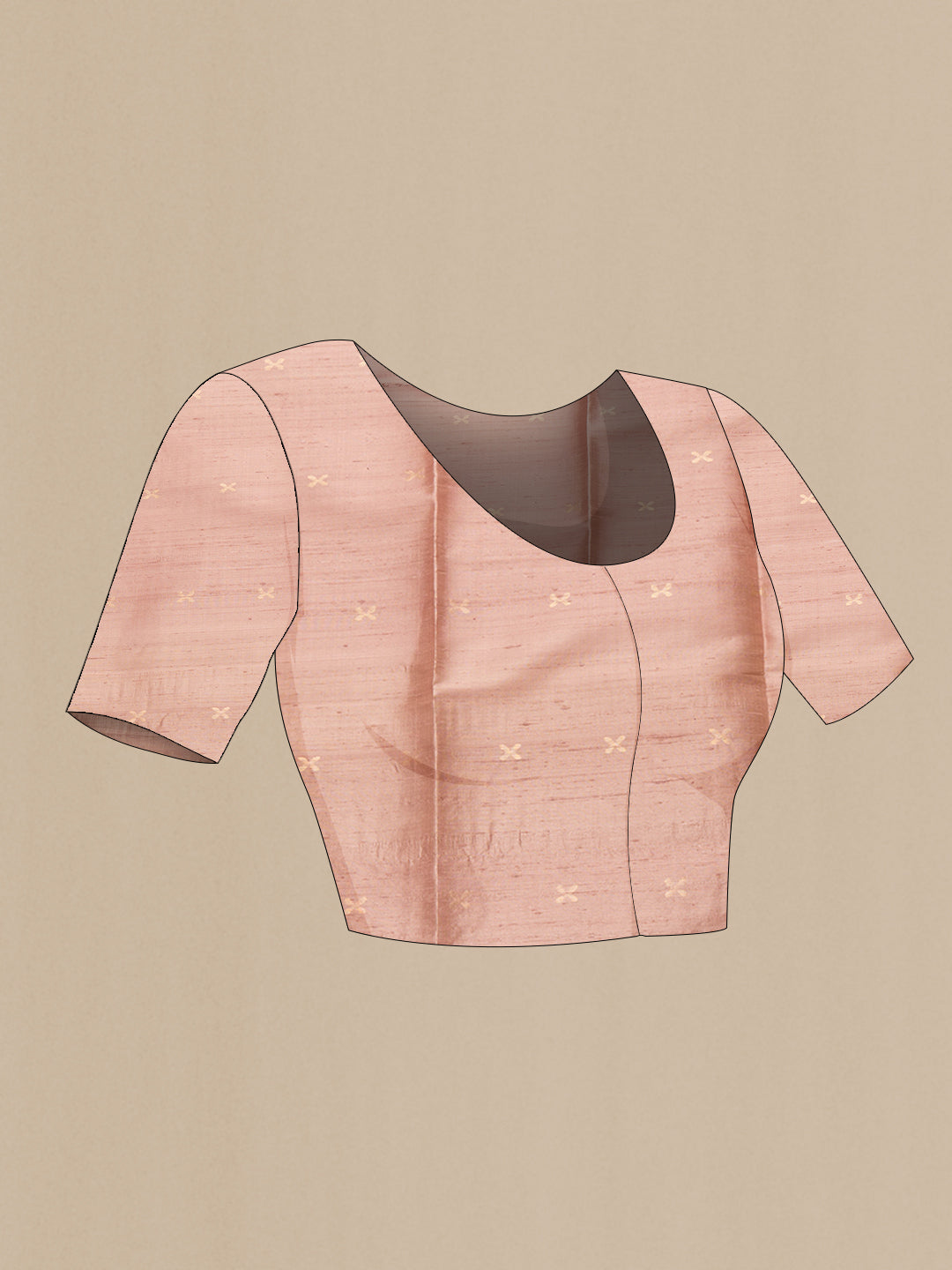 Close up image of the blouse of Pink Dual Tone Raw Silk Saree with Zari Butta on the body and Thin Zari Line. 