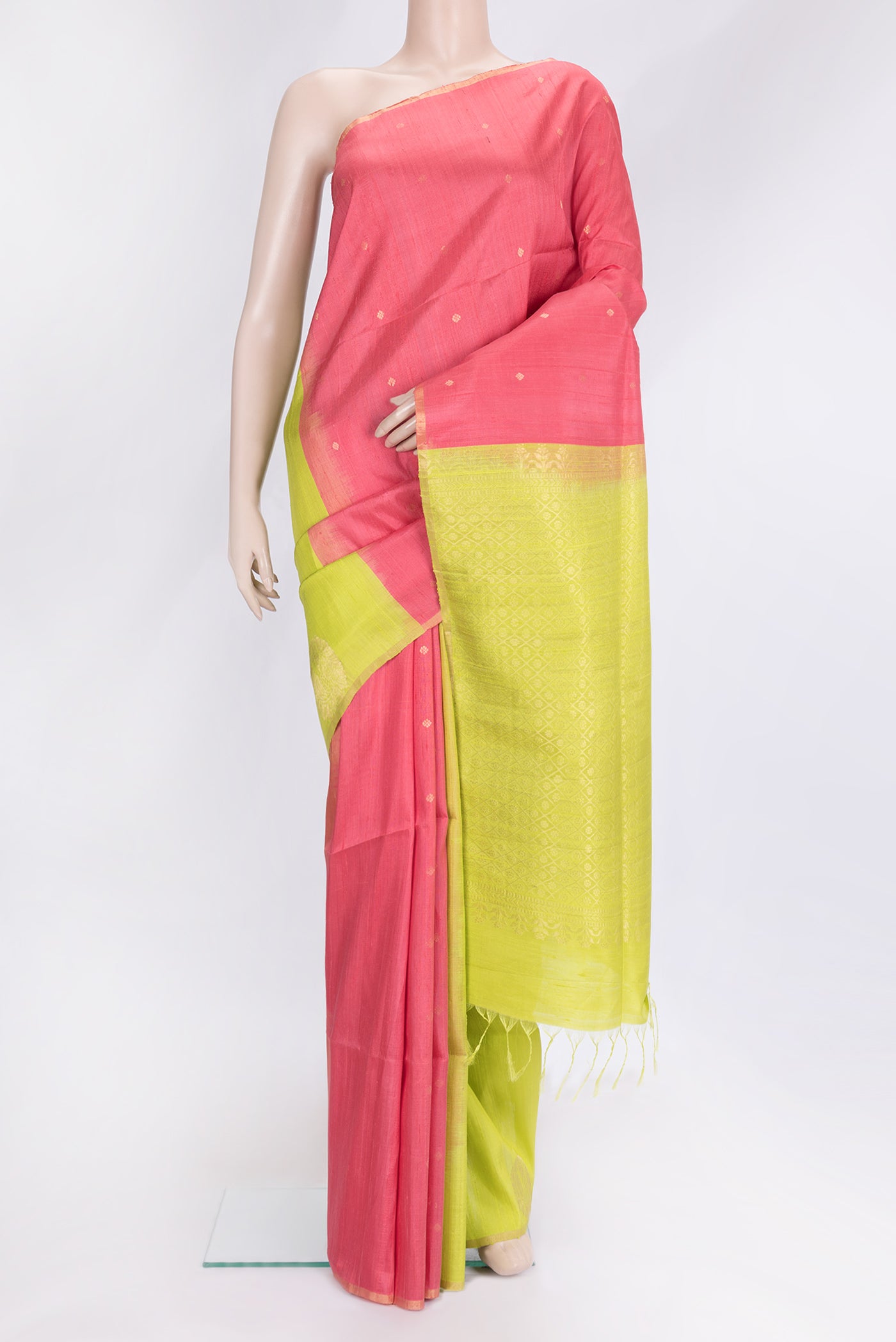 Pink Dual Tone Raw Silk Saree with Thread Butta on the body and Thin Zari Line.  displayed on a mannequin
