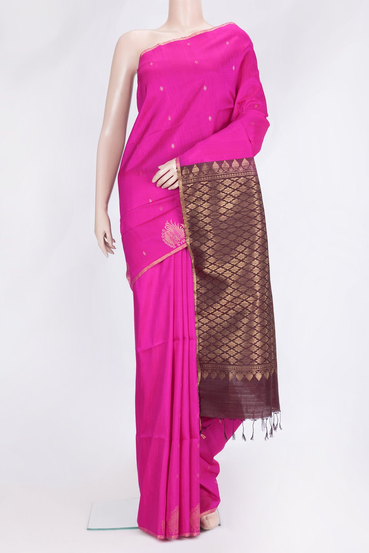 Dark Pink Dual Tone Raw Silk Saree with Zari Butta on the body and Fancy Border.  displayed on a mannequin