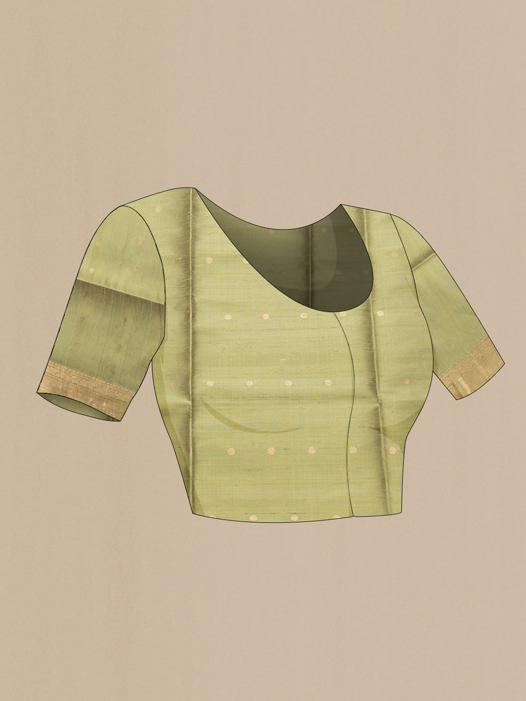 Close up image of the blouse of Lemon Yellow Dual Tone Raw Silk Saree with Zari Butta on the body and Zari Border. 