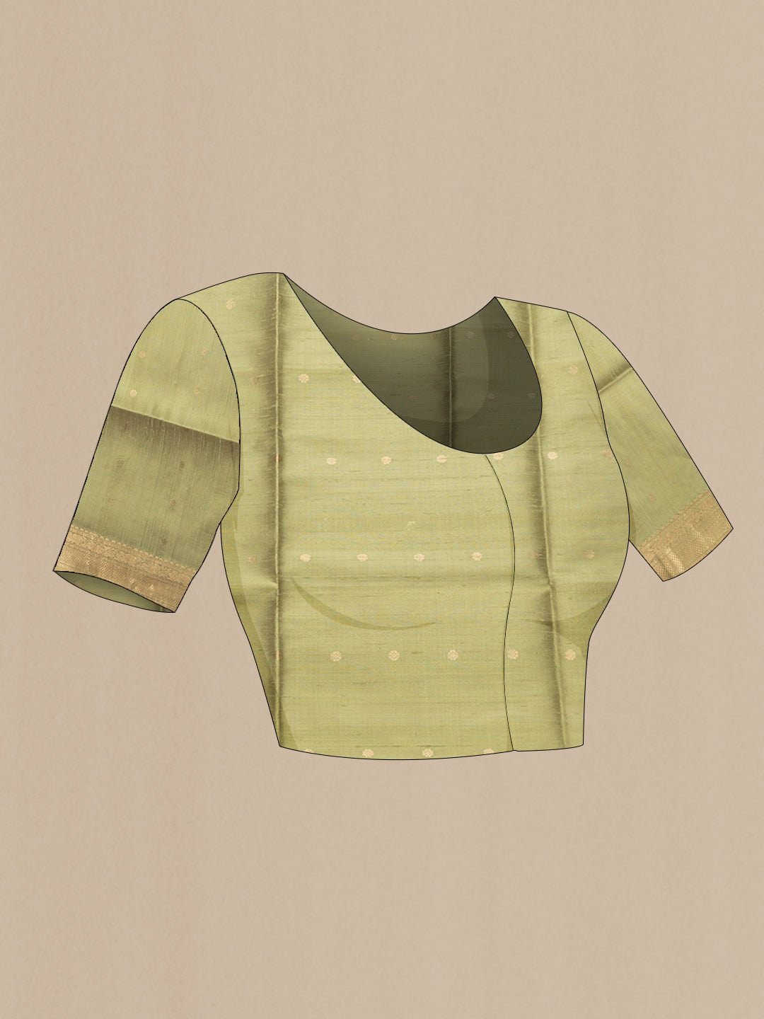 Close up image of the blouse of Lemon Yellow Dual Tone Raw Silk Saree with Zari Butta on the body and Zari Border. 