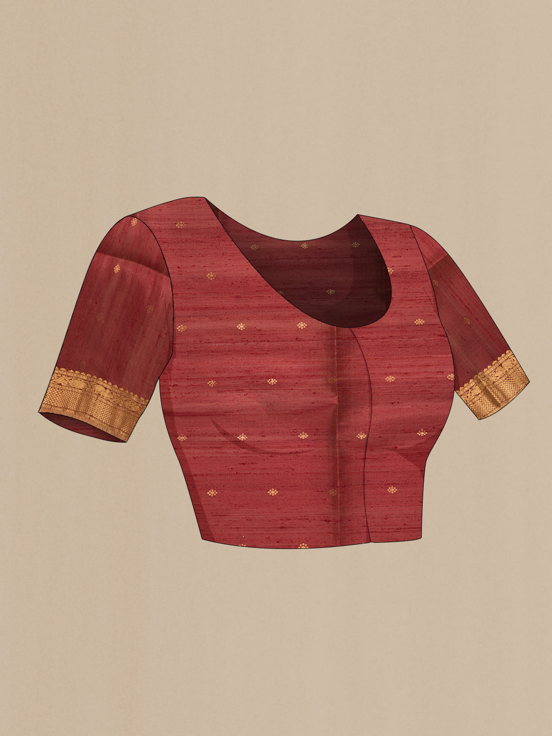 Close up image of the blouse of Sky Blue Dual Tone Raw Silk Saree with Zari Butta on the body and Zari Border. 