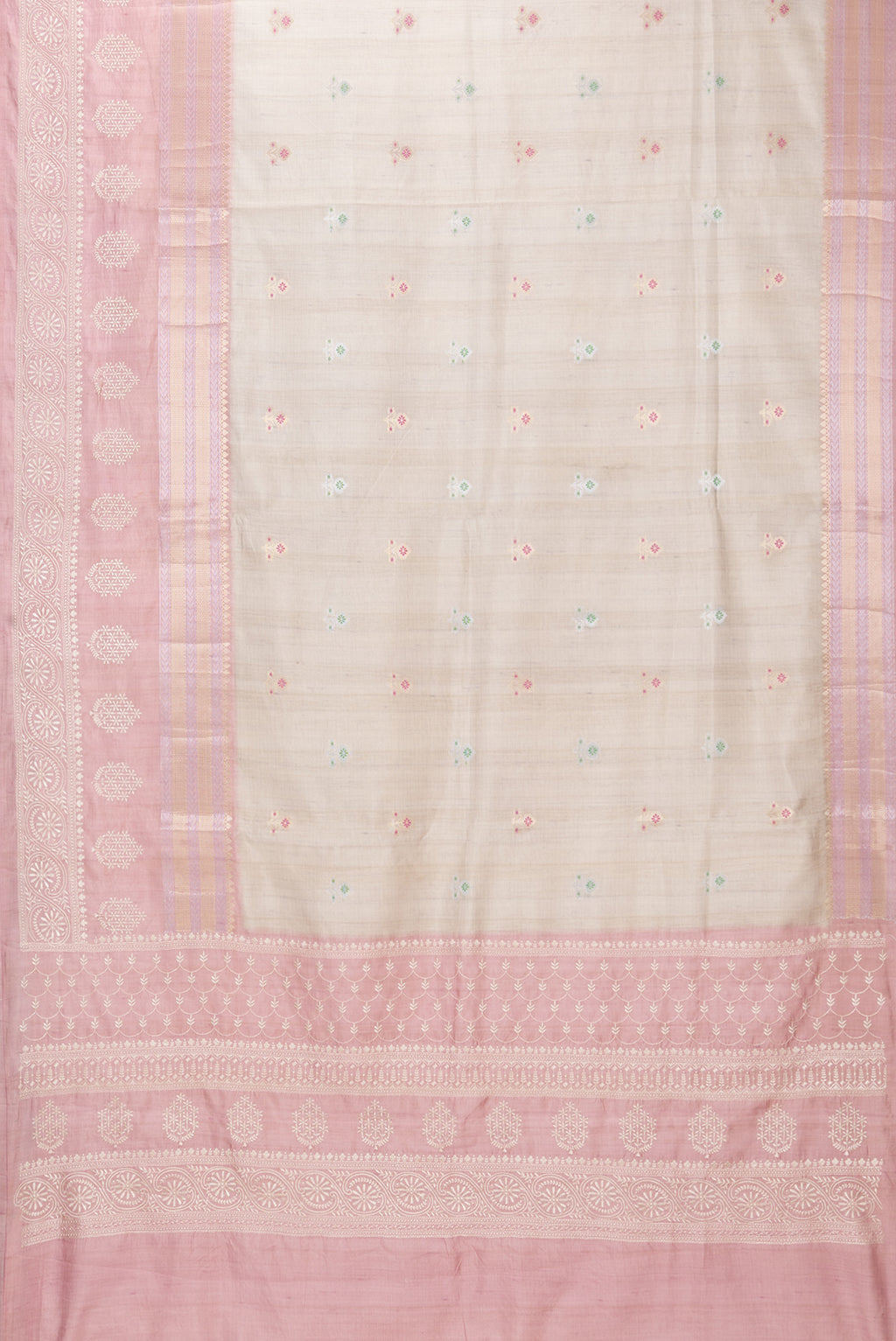Flat view of Beige Blended Tussar Silk Saree with Zari Butta on the body and Zari Border. 