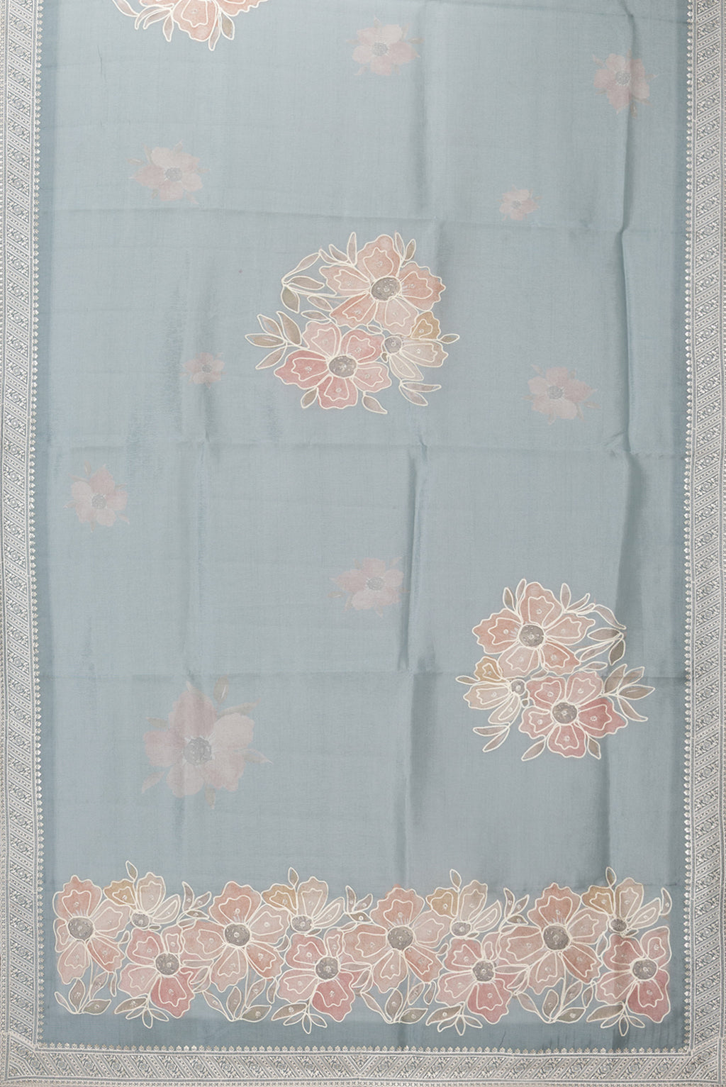 Flat view of Light Blue Blended Organza Silk Saree with Zari Brocade on the body and Embroidery Border. 