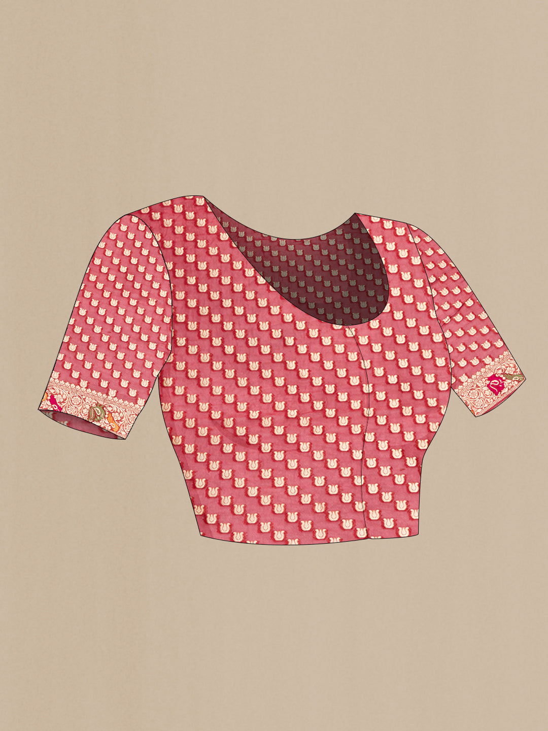 Close up image of the blouse of Red Blended Banarasi Silk Saree with Zari Brocade on the body and Fancy Border. 