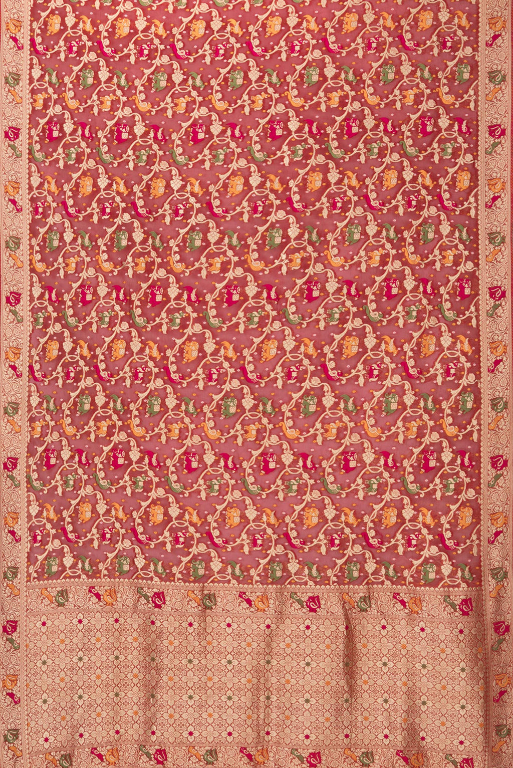 Flat view of Red Blended Banarasi Silk Saree with Zari Brocade on the body and Fancy Border. 