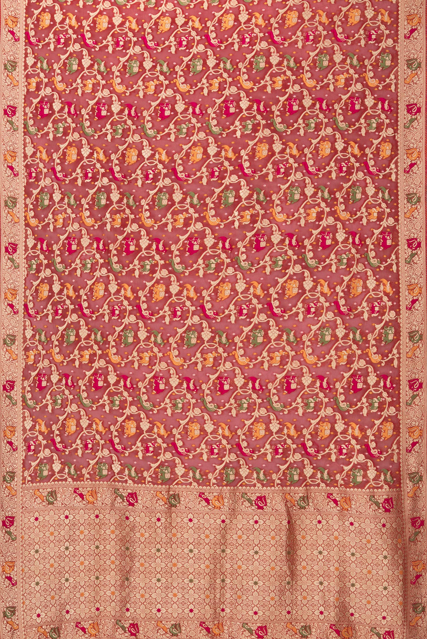 Flat view of Red Blended Banarasi Silk Saree with Zari Brocade on the body and Fancy Border. 
