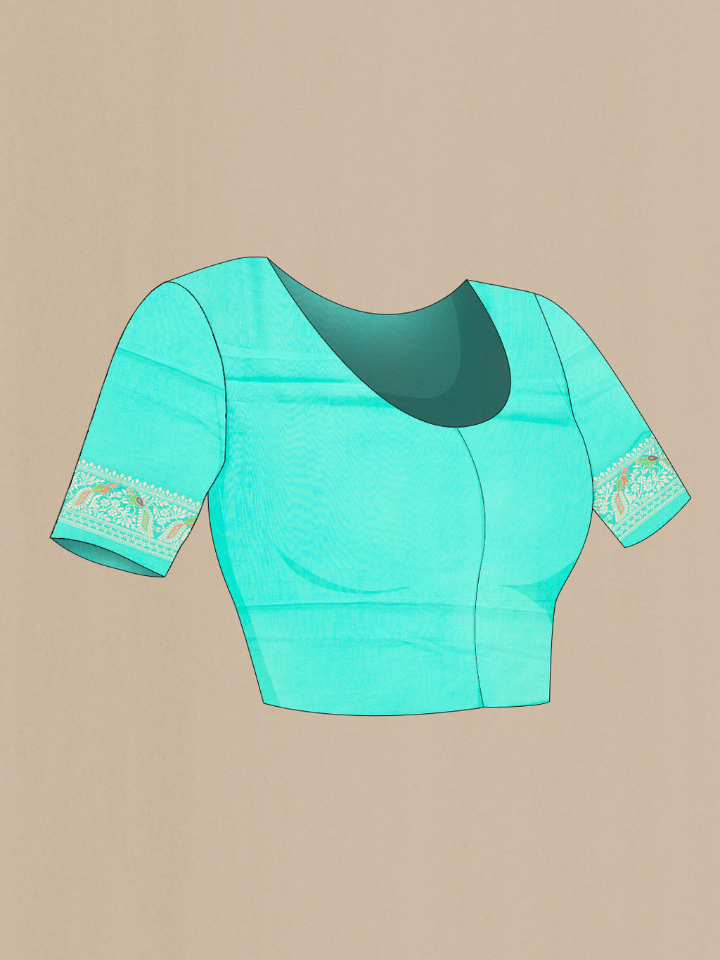 Close up image of the blouse of Sea Green Dual Tone Blended Banarasi Georgette Saree with Zari Brocade on the body and Zari Border. 