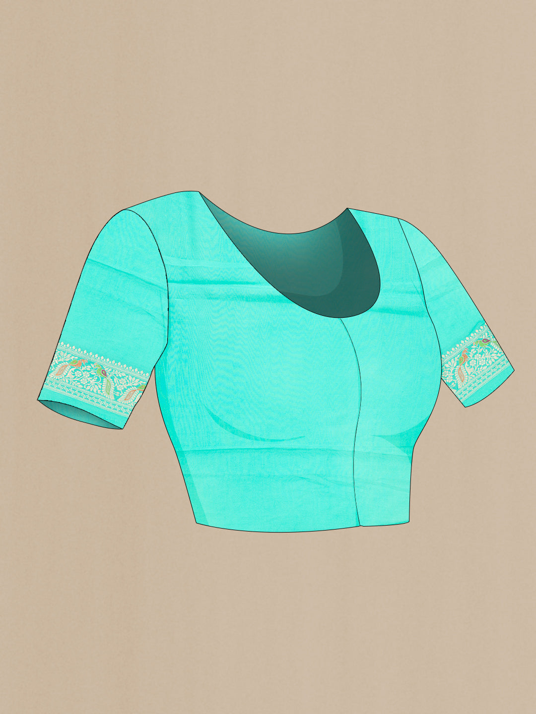 Close up image of the blouse of Sea Green Dual Tone Blended Banarasi Georgette Saree with Zari Brocade on the body and Zari Border. 