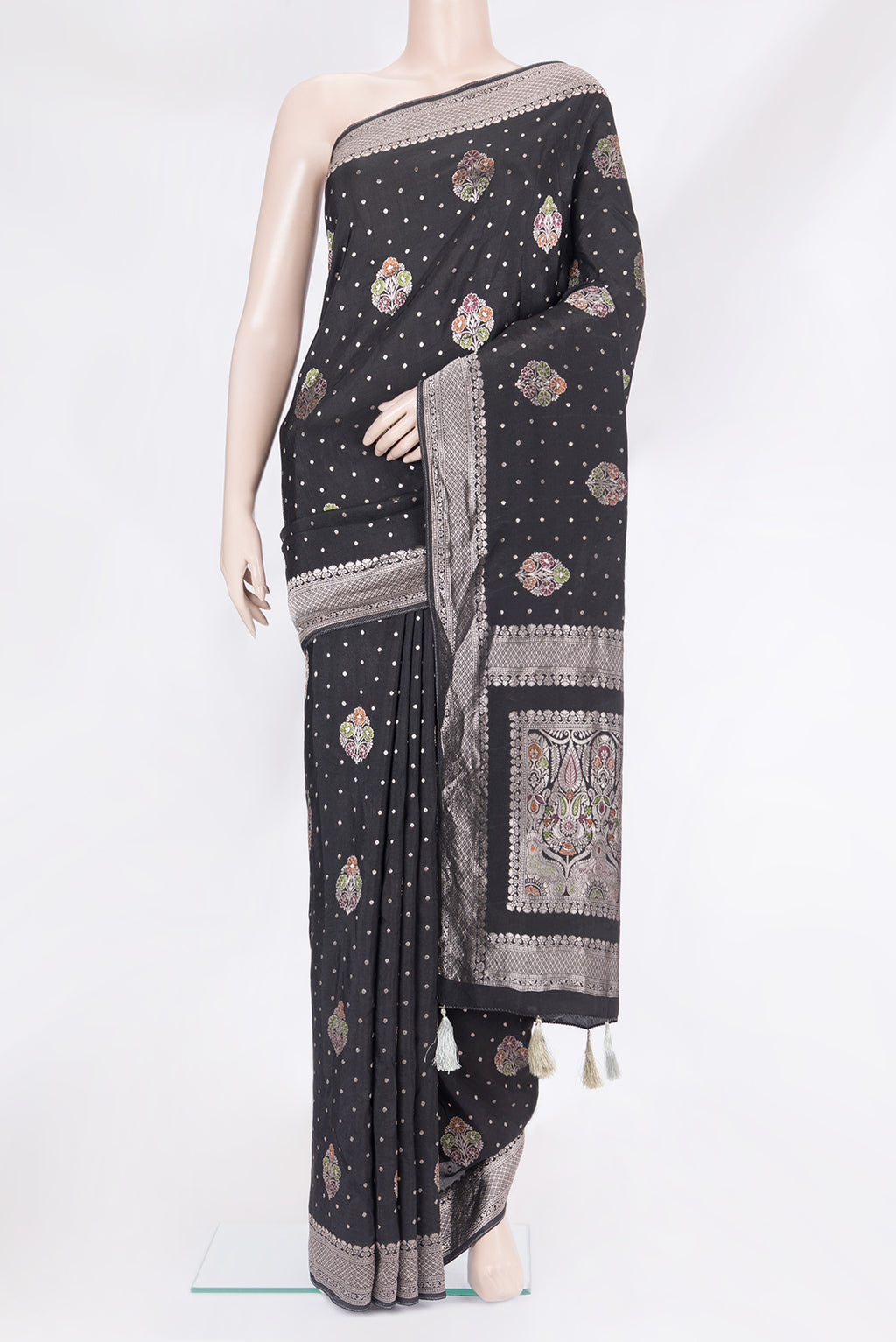 Black Blended Banarasi Silk Saree with Zari And Thread Butta on the body and Zari Border.  displayed on a mannequin