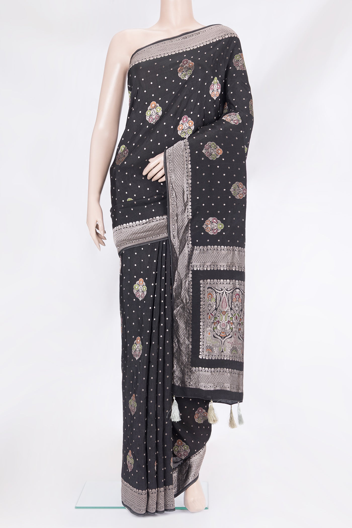 Black Blended Banarasi Silk Saree with Zari And Thread Butta on the body and Zari Border.  displayed on a mannequin