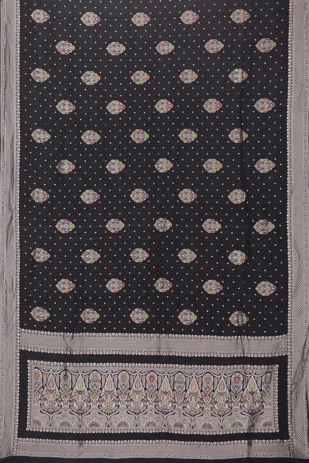 Flat view of Black Blended Banarasi Silk Saree with Zari And Thread Butta on the body and Zari Border. 