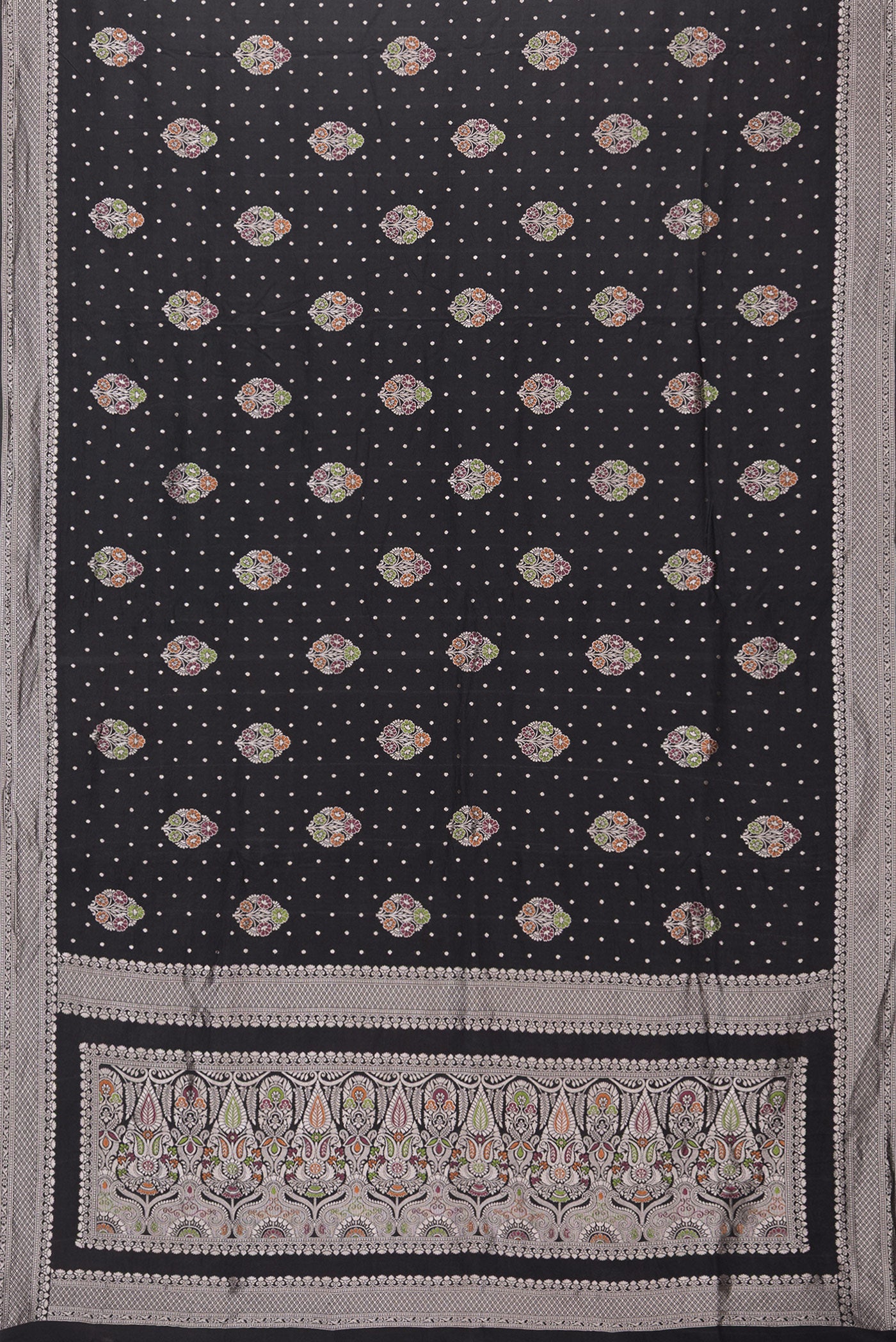 Flat view of Black Blended Banarasi Silk Saree with Zari And Thread Butta on the body and Zari Border. 