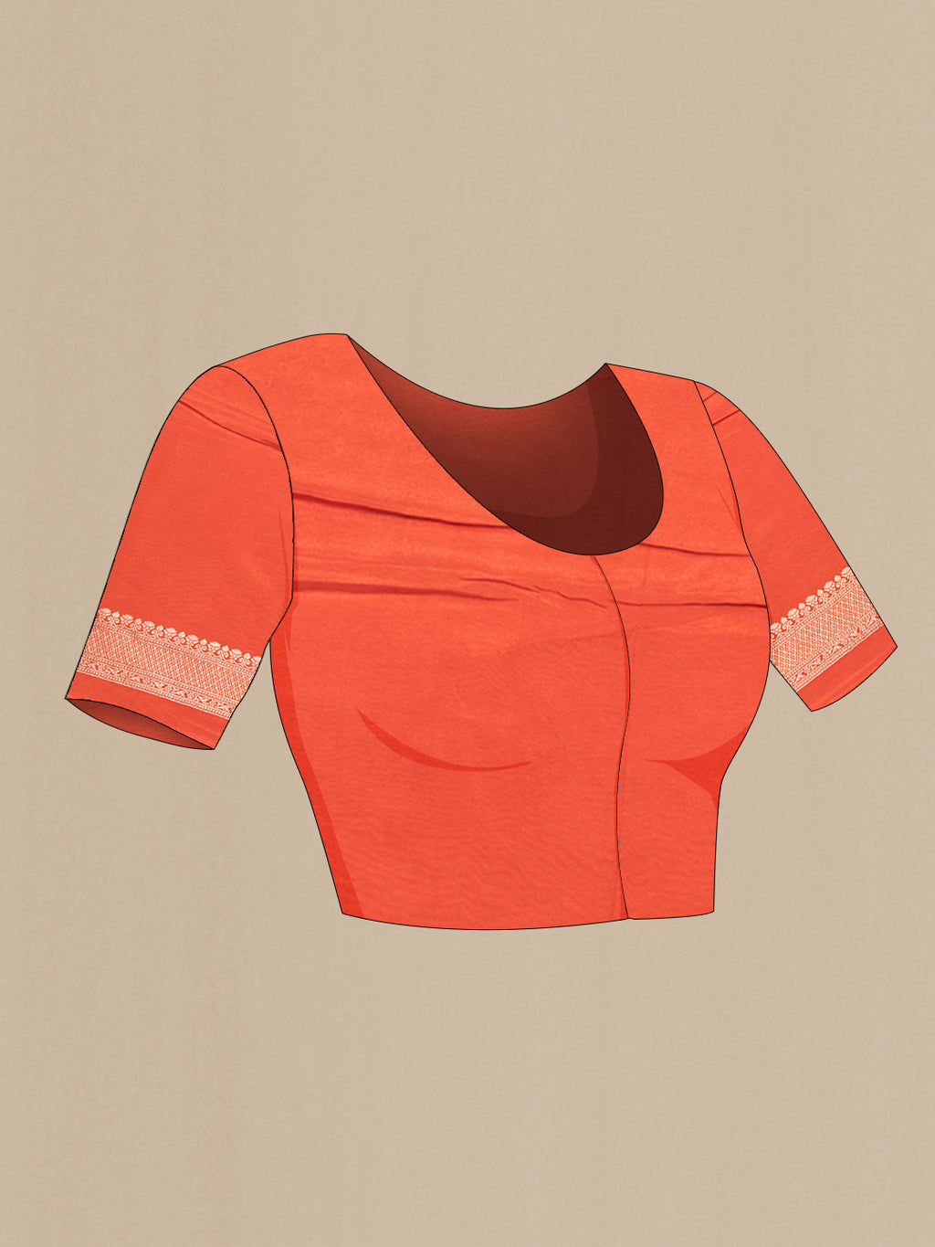 Close up image of the blouse of Brick Orange Blended Banarasi Silk Saree with Zari And Thread Butta on the body and Zari Border. 