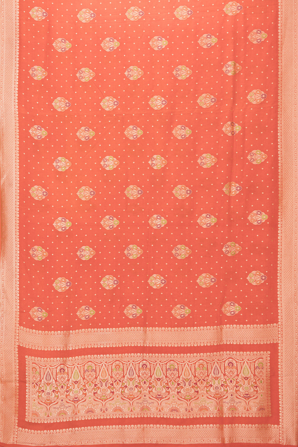 Flat view of Brick Orange Blended Banarasi Silk Saree with Zari And Thread Butta on the body and Zari Border. 