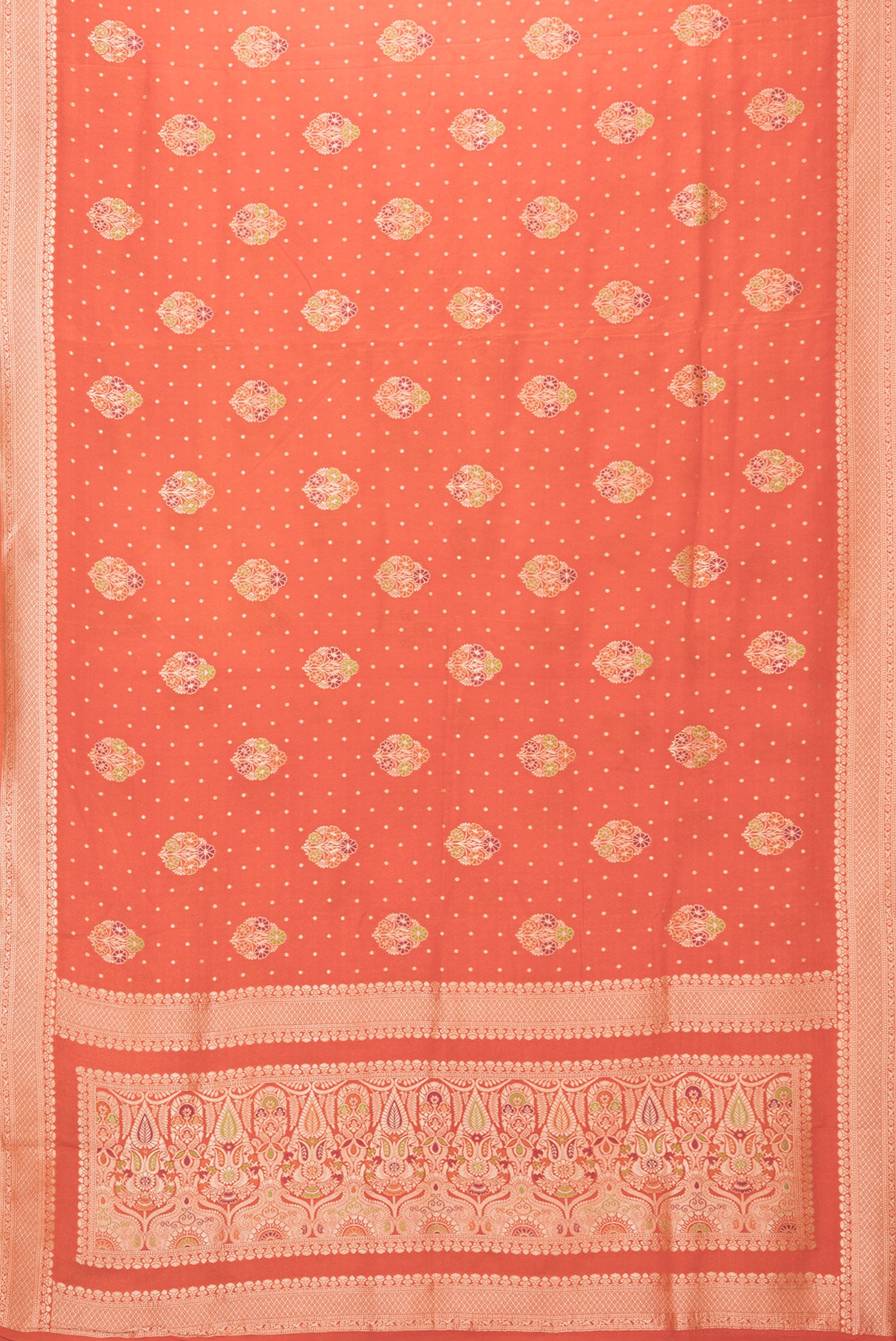 Flat view of Brick Orange Blended Banarasi Silk Saree with Zari And Thread Butta on the body and Zari Border. 
