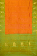 Orange Dual Tone Soft Silk Saree with Zari Butta on the body and Zari Border.  displayed on a mannequin