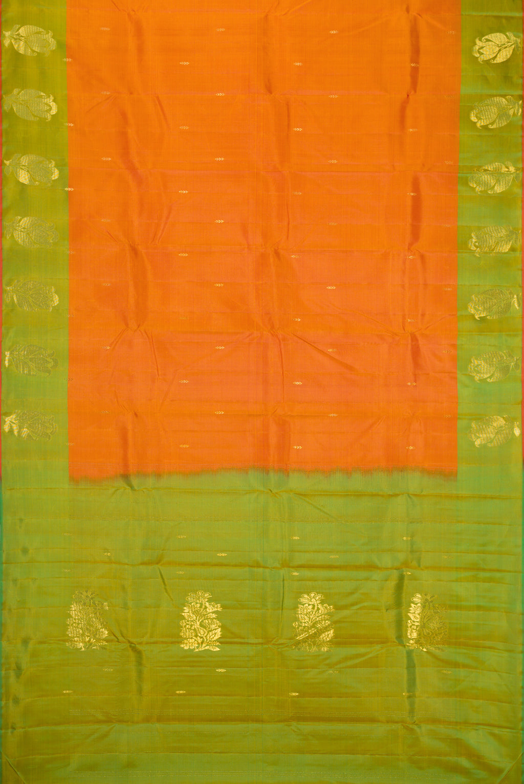 Flat view of Orange Dual Tone Soft Silk Saree with Zari Butta on the body and Zari Border. 