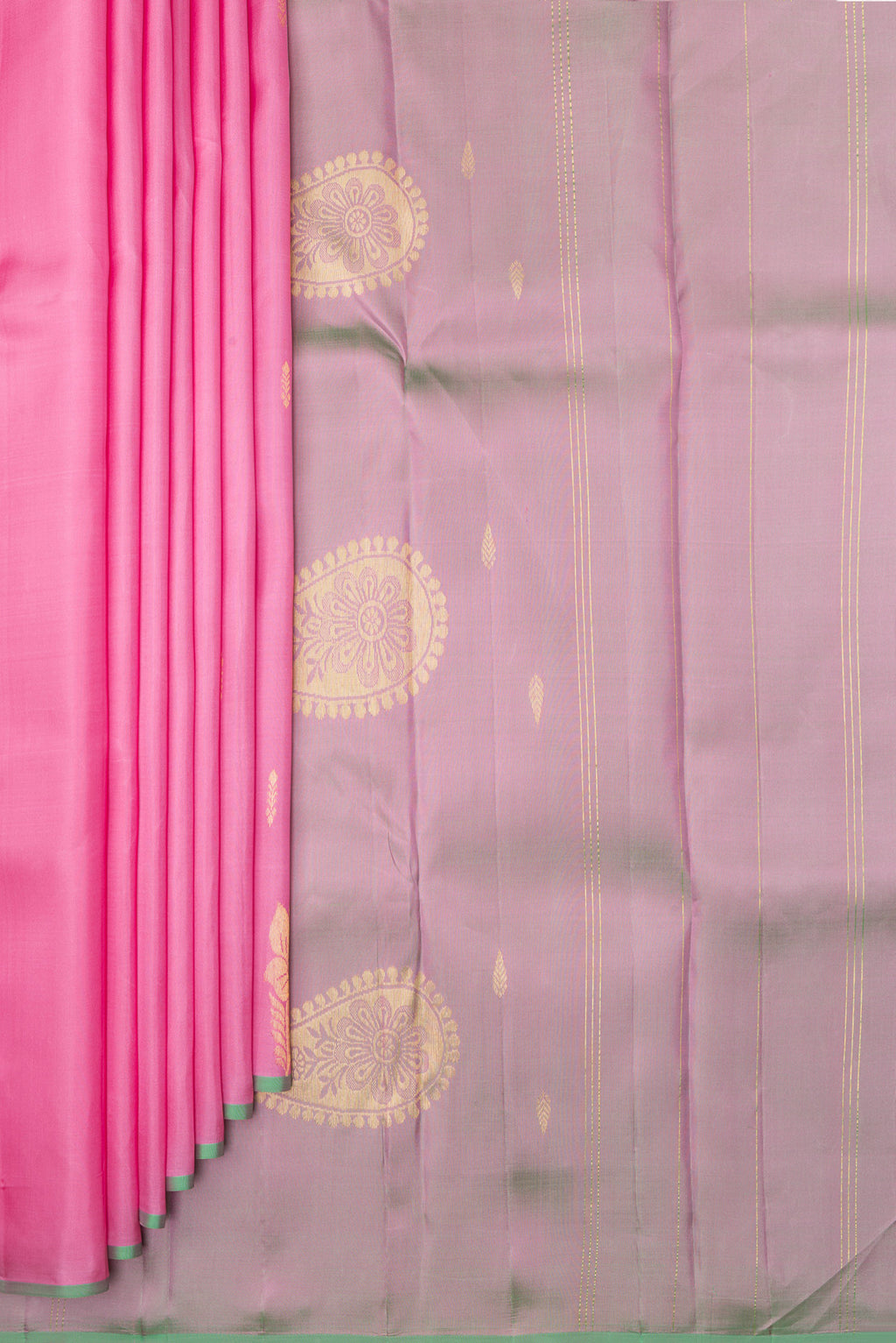 Pleats and pallu of Pure Silk Rose pink Kanjivaram Saree with Zari Butta on the body and Without Border. 