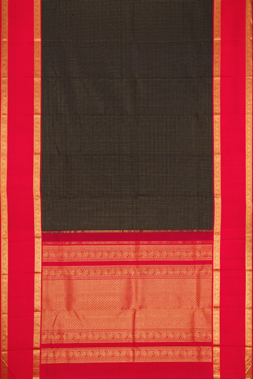 Flat view of Black Dual Tone Kanjivaram Silk Saree with Checked design on the body and Zari Border. 
