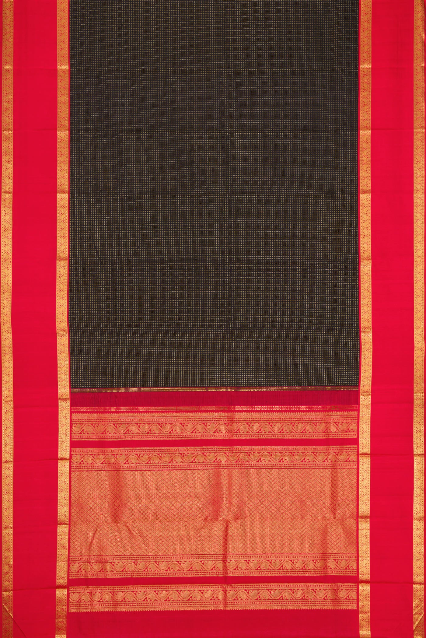 Flat view of Black Dual Tone Kanjivaram Silk Saree with Checked design on the body and Zari Border. 