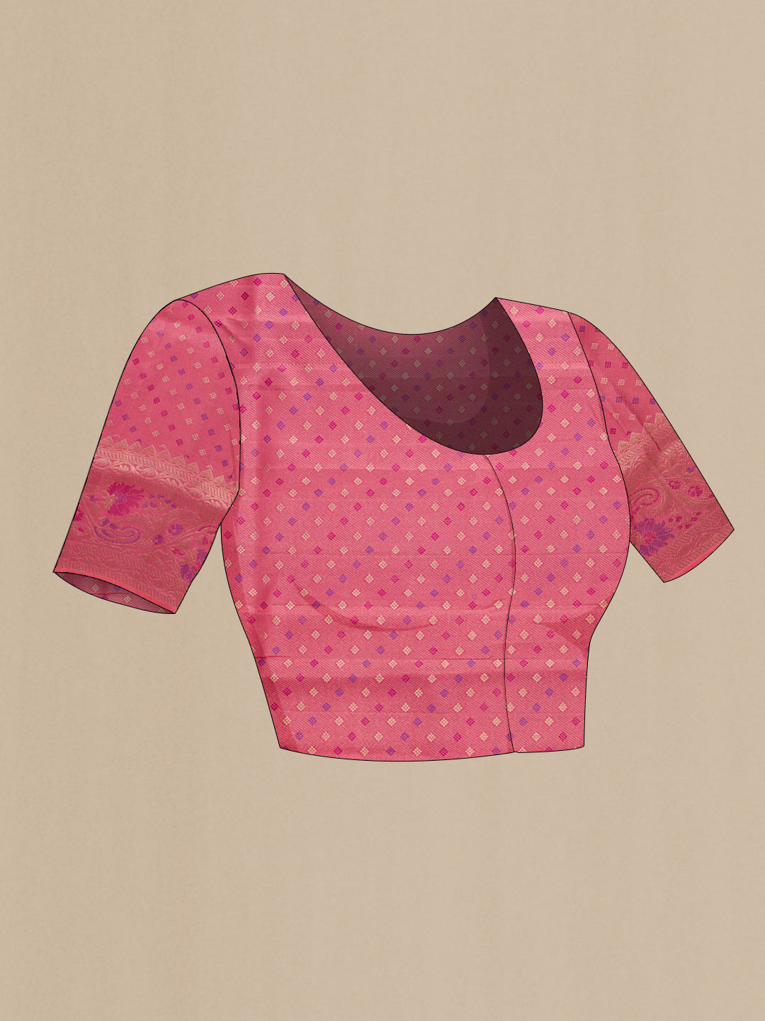 Close up image of the blouse of Pink Dual Tone Kanchipuram Tissue Silk Saree with Zari Brocade on the body and Fancy Border. 