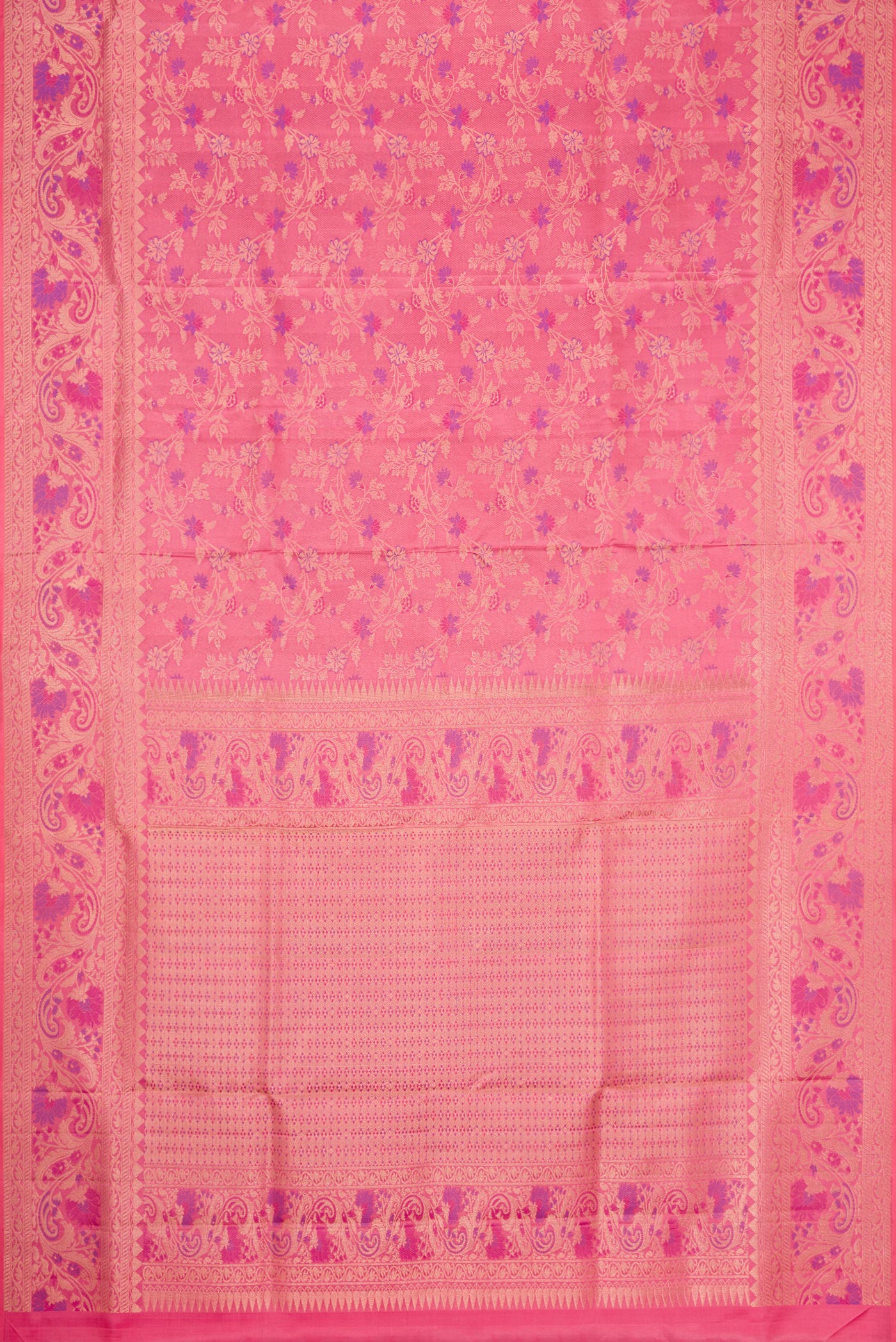 Flat view of Pink Dual Tone Kanchipuram Tissue Silk Saree with Zari Brocade on the body and Fancy Border. 