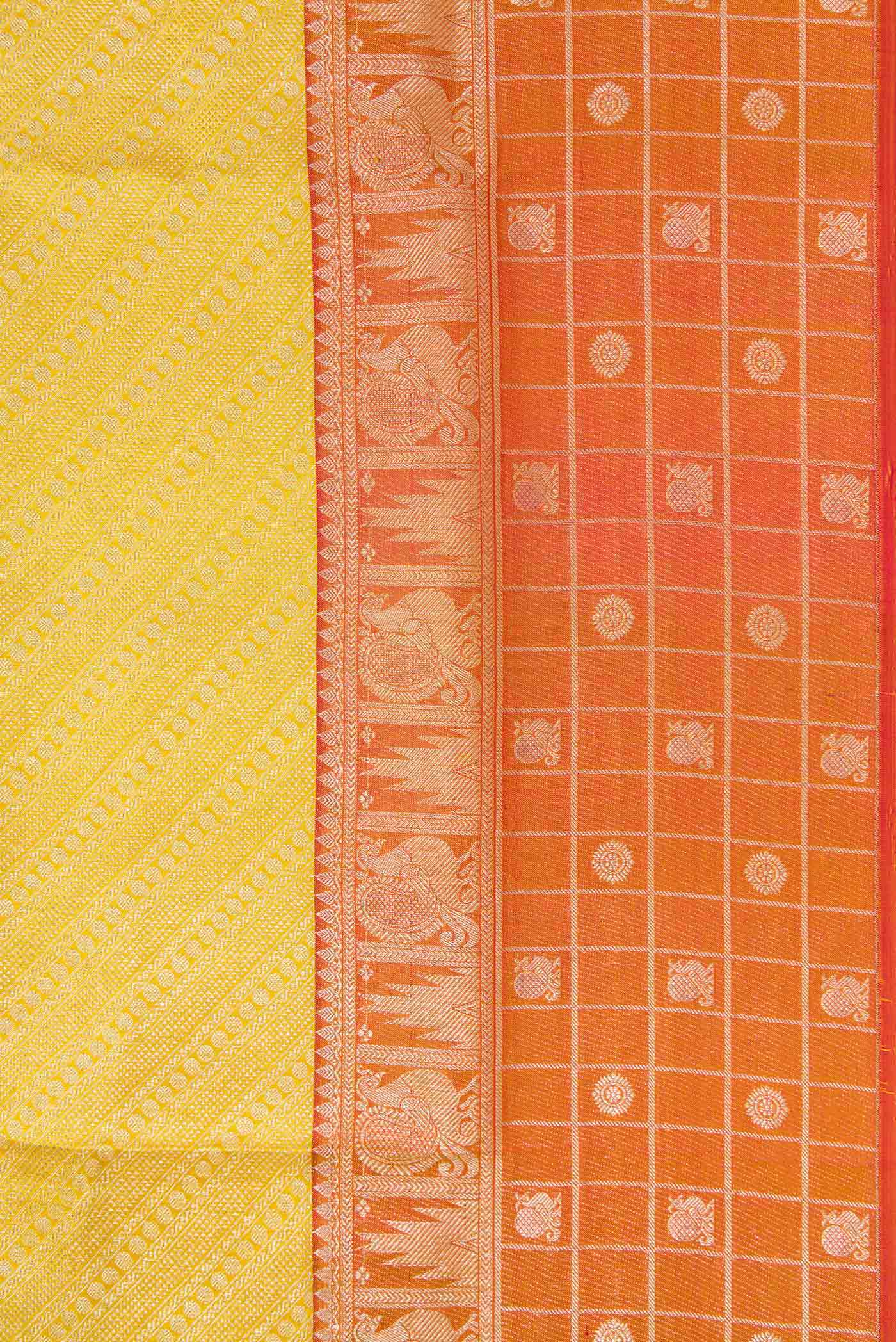 Border image of Yellow Dual Tone Kanjivaram Tissue Silk Saree with Zari Brocade on the body and Zari Border. 