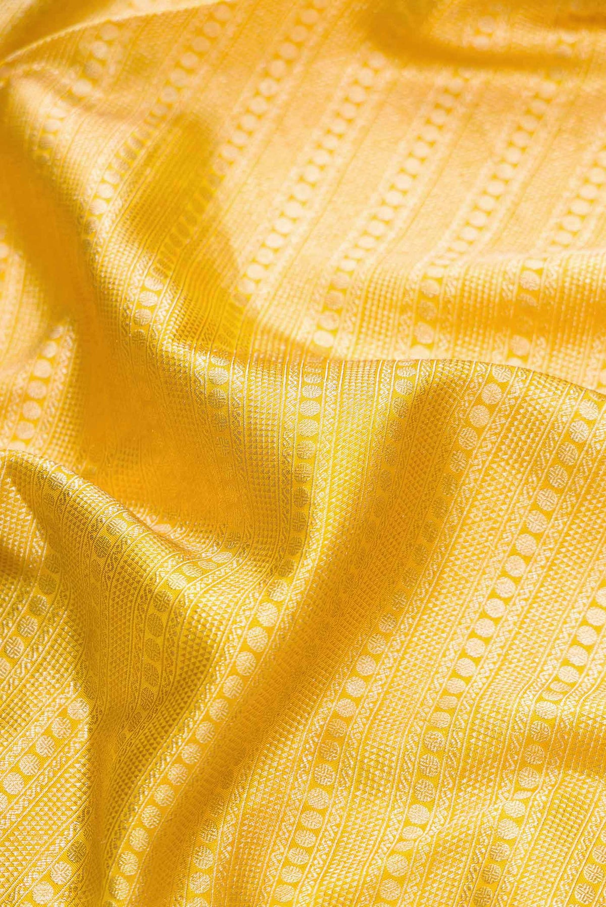 Close up of Yellow Dual Tone Kanjivaram Tissue Silk Saree with Zari Brocade on the body and Zari Border.  displaying folds