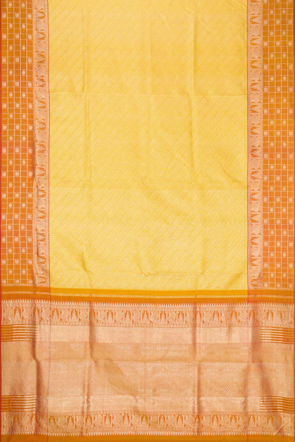 Flat view of Yellow Dual Tone Kanjivaram Tissue Silk Saree with Zari Brocade on the body and Zari Border. 