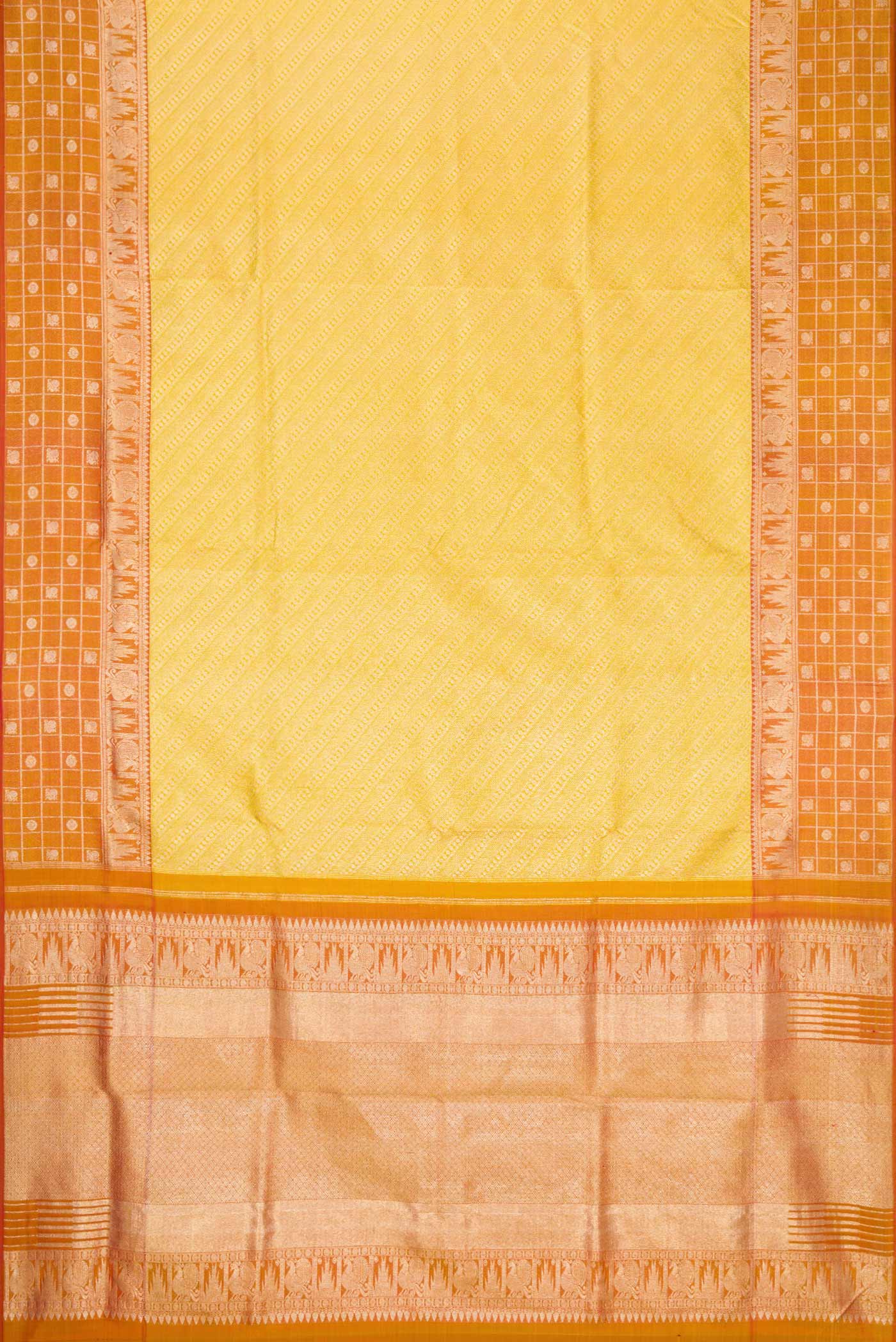 Flat view of Yellow Dual Tone Kanjivaram Tissue Silk Saree with Zari Brocade on the body and Zari Border. 