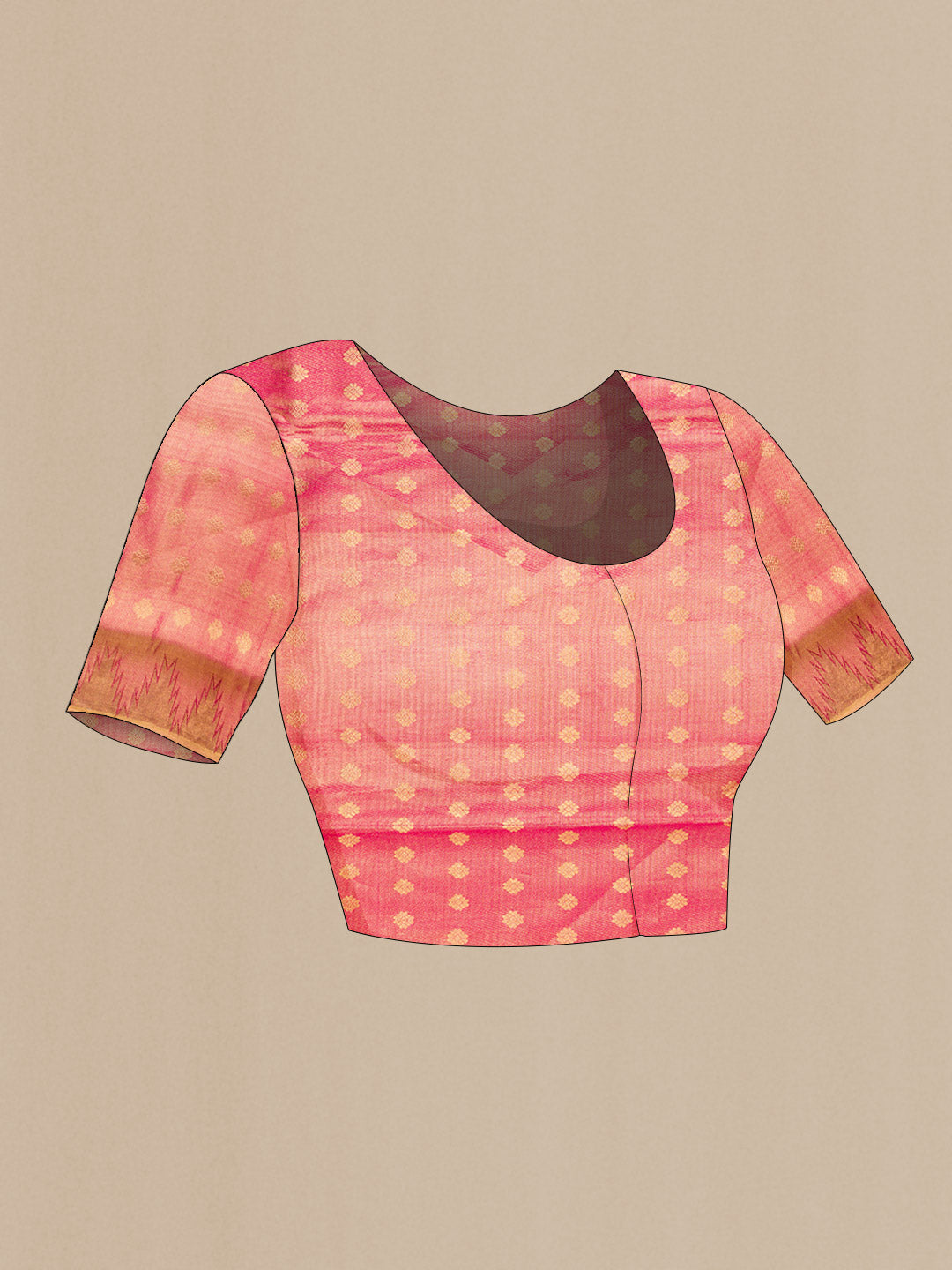 Close up image of the blouse of Gold Dual Tone Kanjivaram Tissue Silk Saree with Zari Brocade on the body and Fancy Border. 