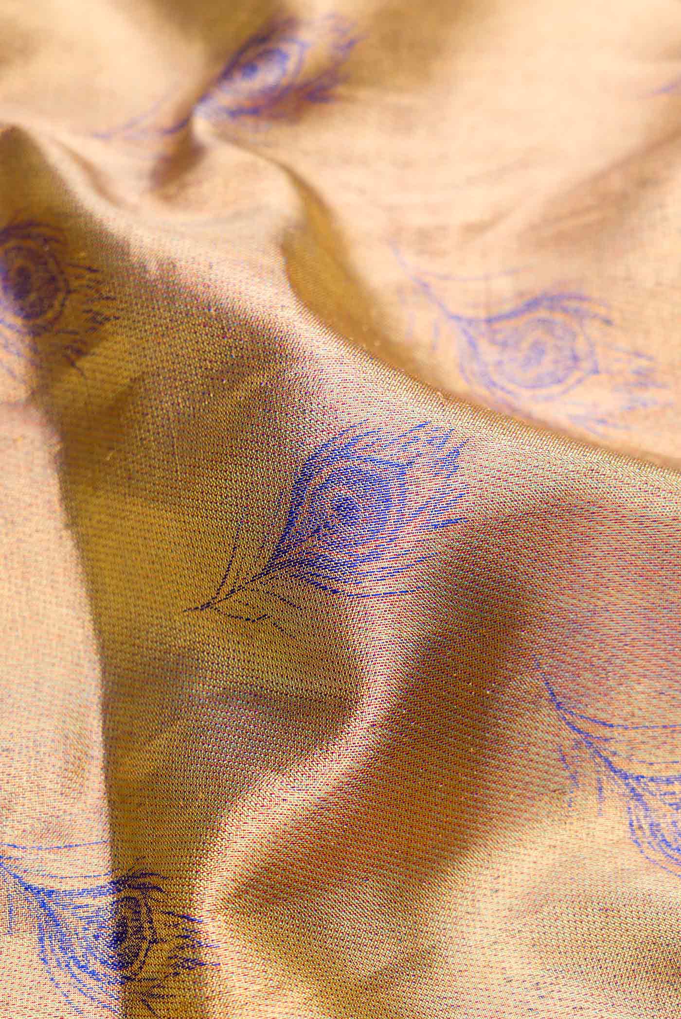 Close up of Gold Dual Tone Kanjivaram Tissue Silk Saree with Zari Brocade on the body and Fancy Border.  displaying folds